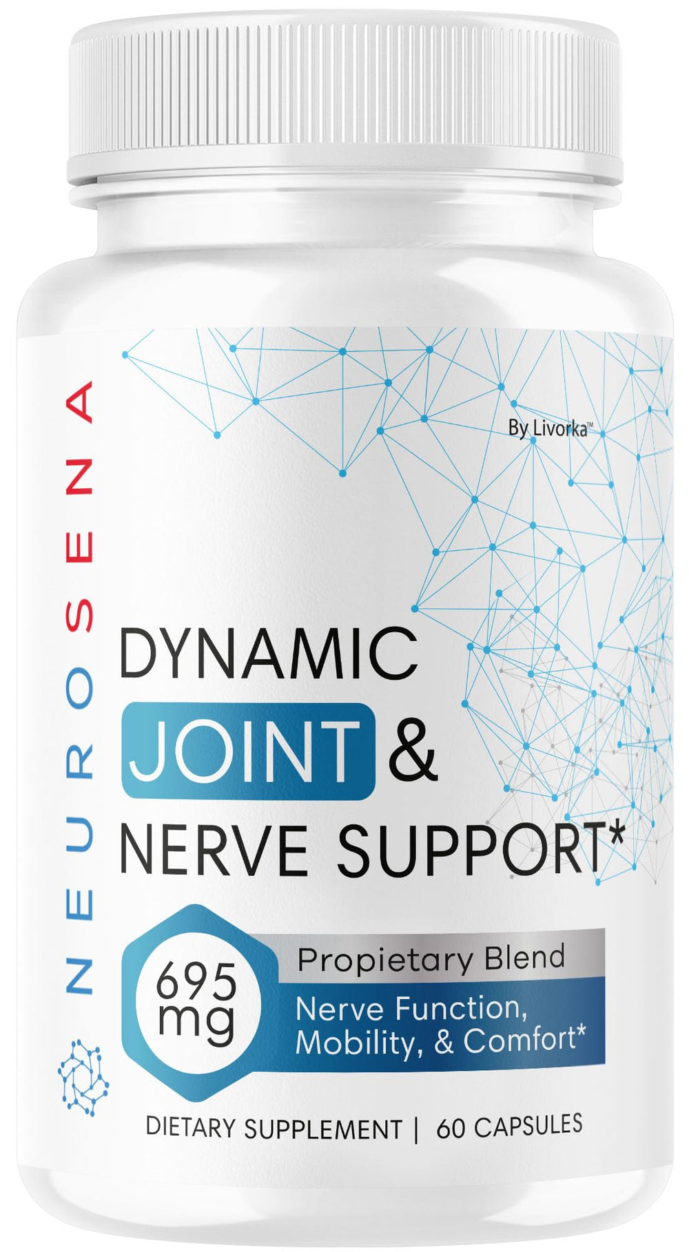 LIVORKA NeuroSena capsules bottle front view for daily nerve and joint support.