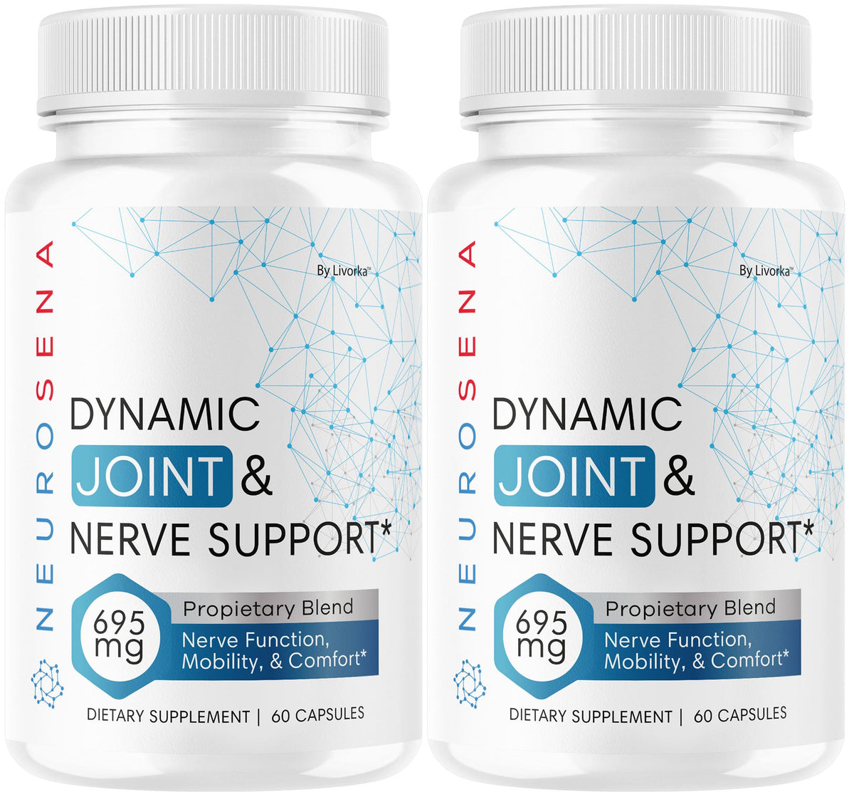 LIVORKA NeuroSena pack front label shows a two-pack supply for joint and nerve support.