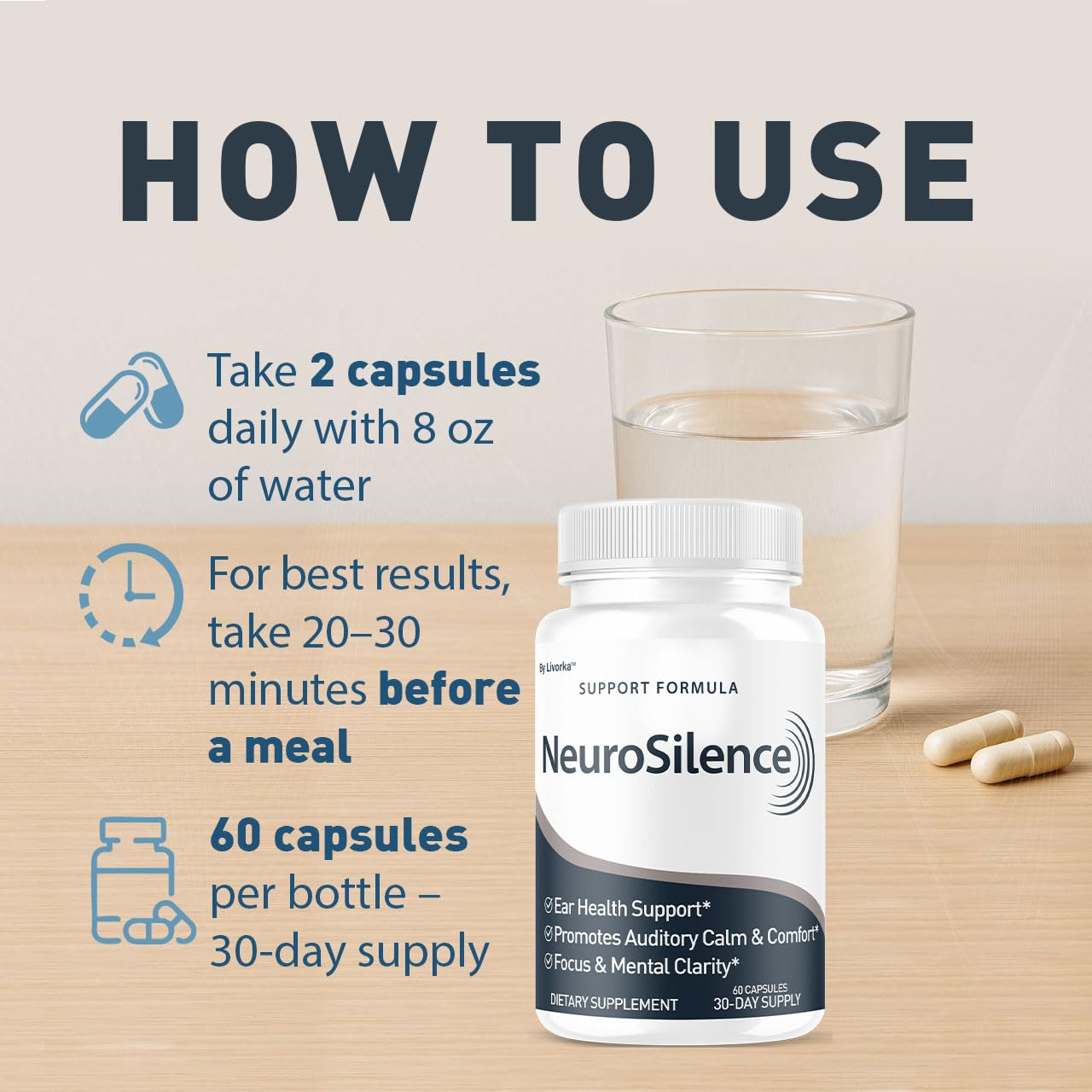 LIVORKA Neurosilence bottle pour shows convenient daily intake.