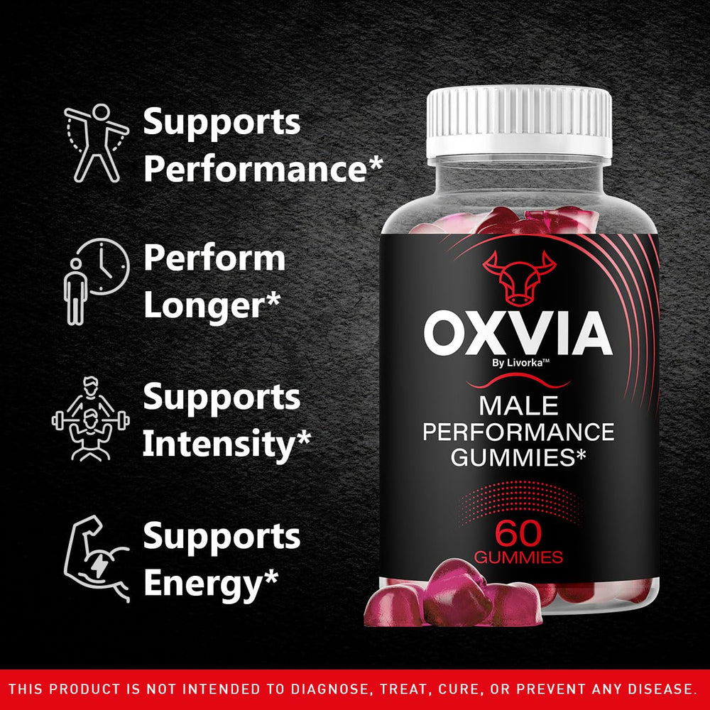 LIVORKA Oxvia Gummies label highlights all-natural premium formula for wellness.
