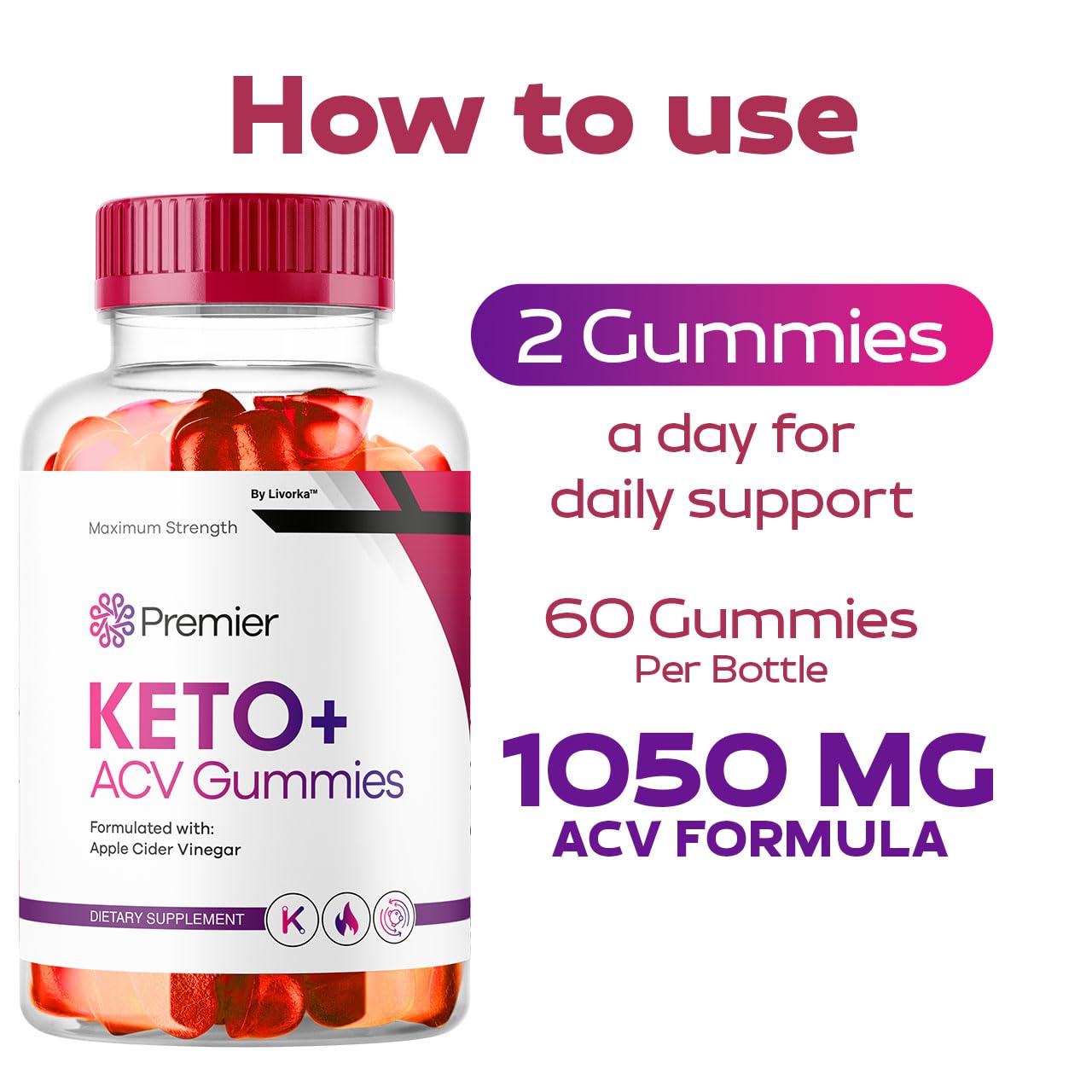 Livorka Premier Keto Plus ACV Gummies ingredients panel highlights keto friendly components.