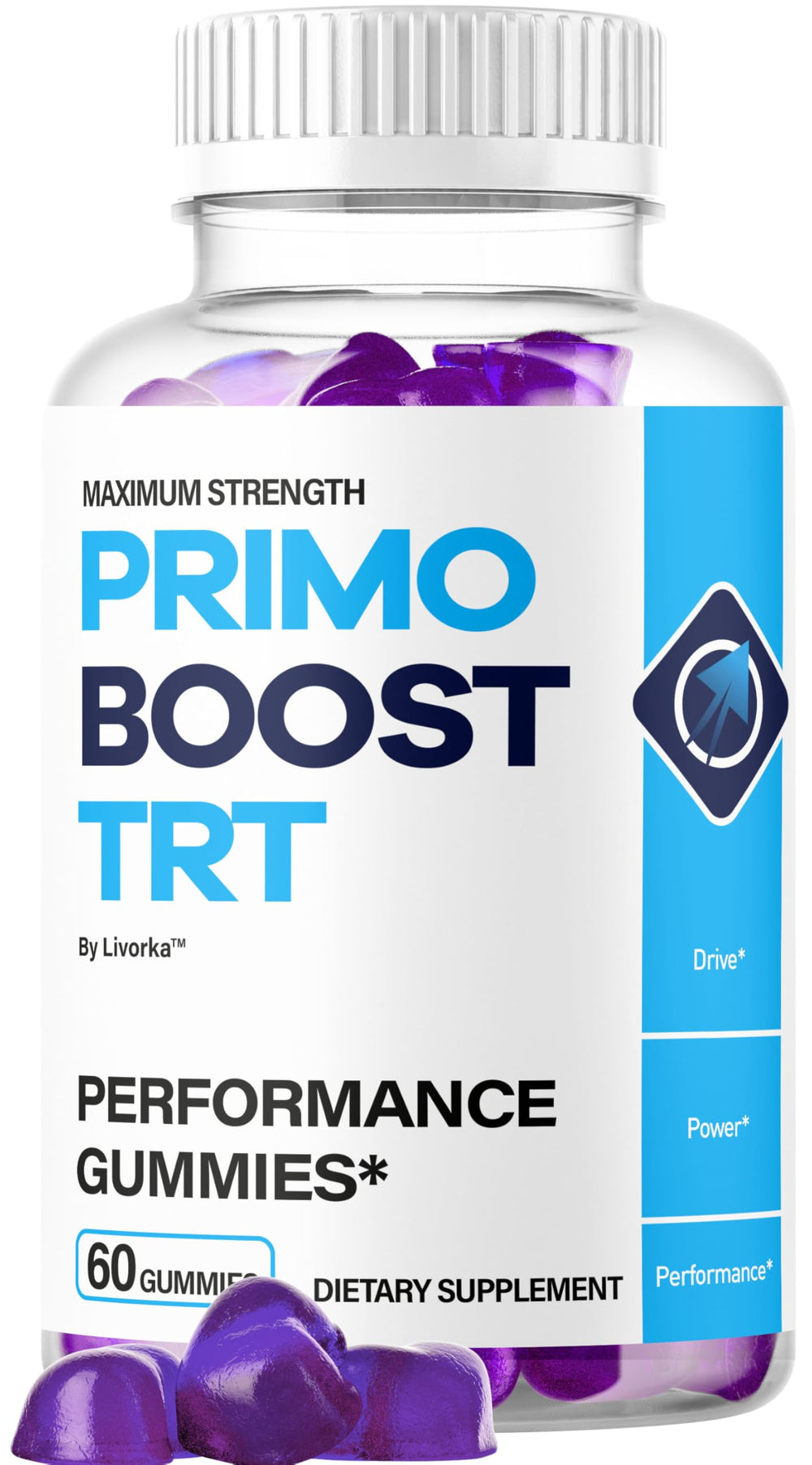 LIVORKA Primo Boost TRT Gummies bottle on a desk supports daily energy and wellness.