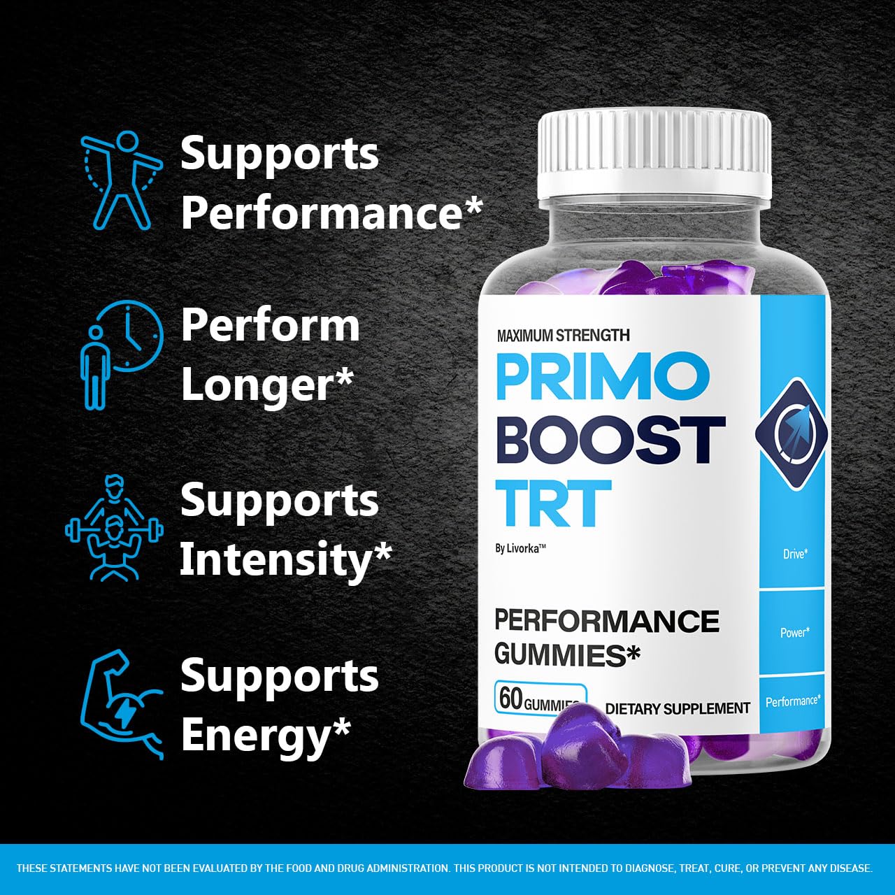Closeup of LIVORKA Primo Boost TRT Gummies highlights soft texture and natural ingredients.