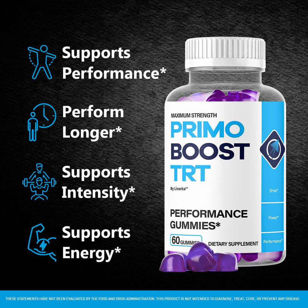 LIVORKA Primo Boost TRT Gummies two-pack back view showing ingredients and benefits.
