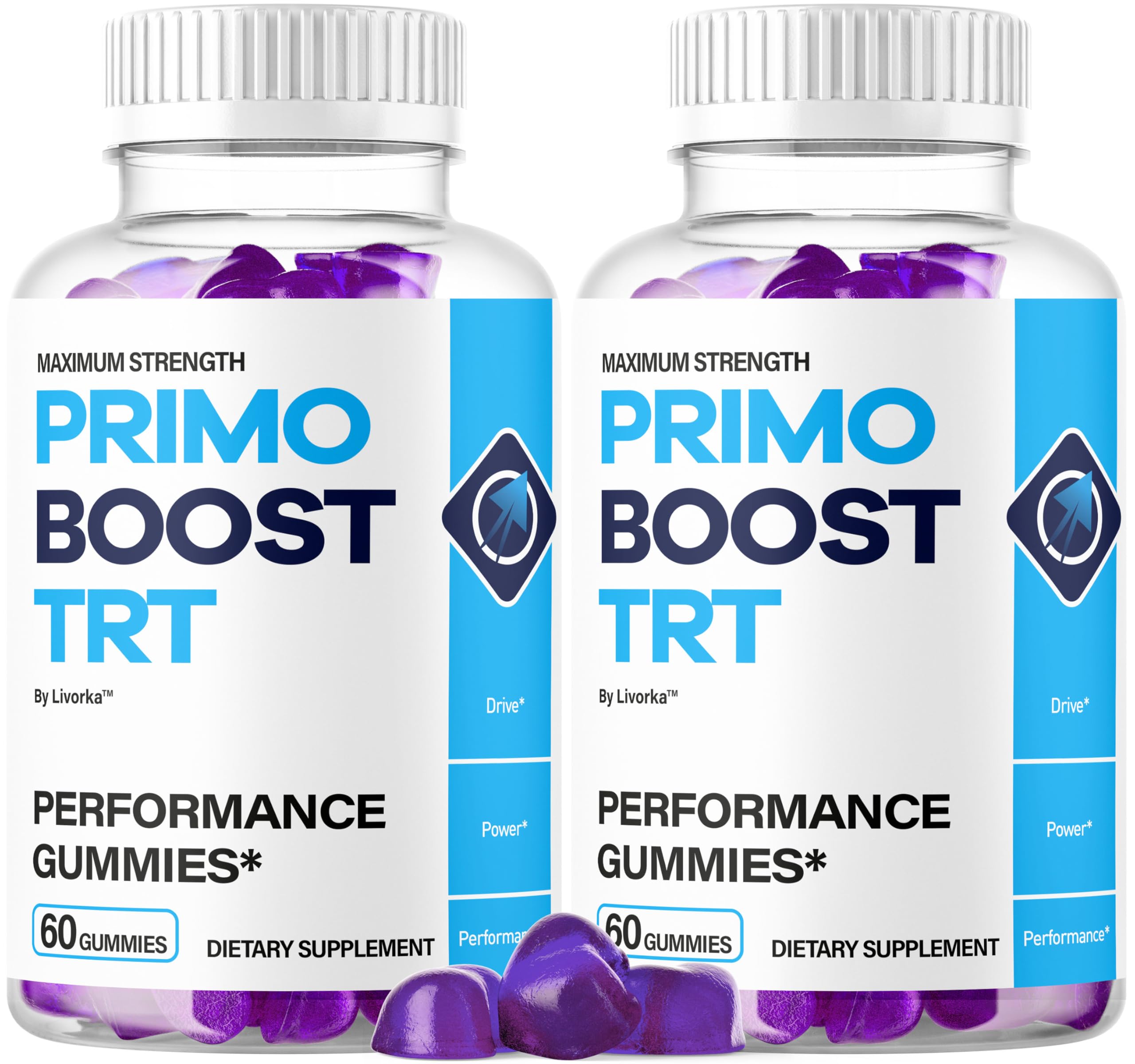 LIVORKA Primo Boost TRT Gummies bottle front view for daily energy support.