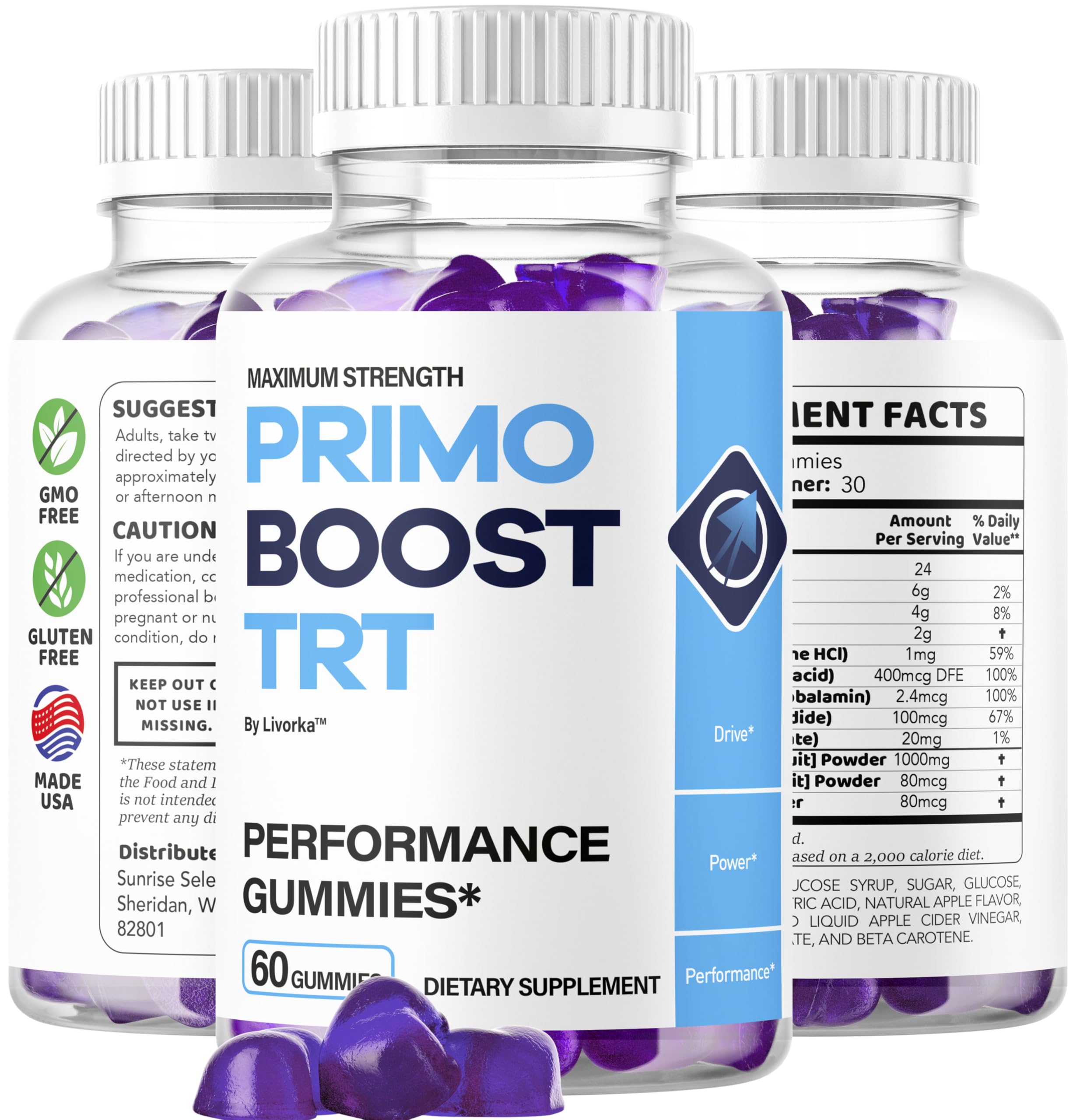 LIVORKA Primo Boost TRT Gummies two-pack display on a shelf for easy purchase.