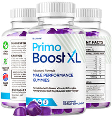 LIVORKA Primo Boost XL gummies on a desk with a water bottle for routine use.