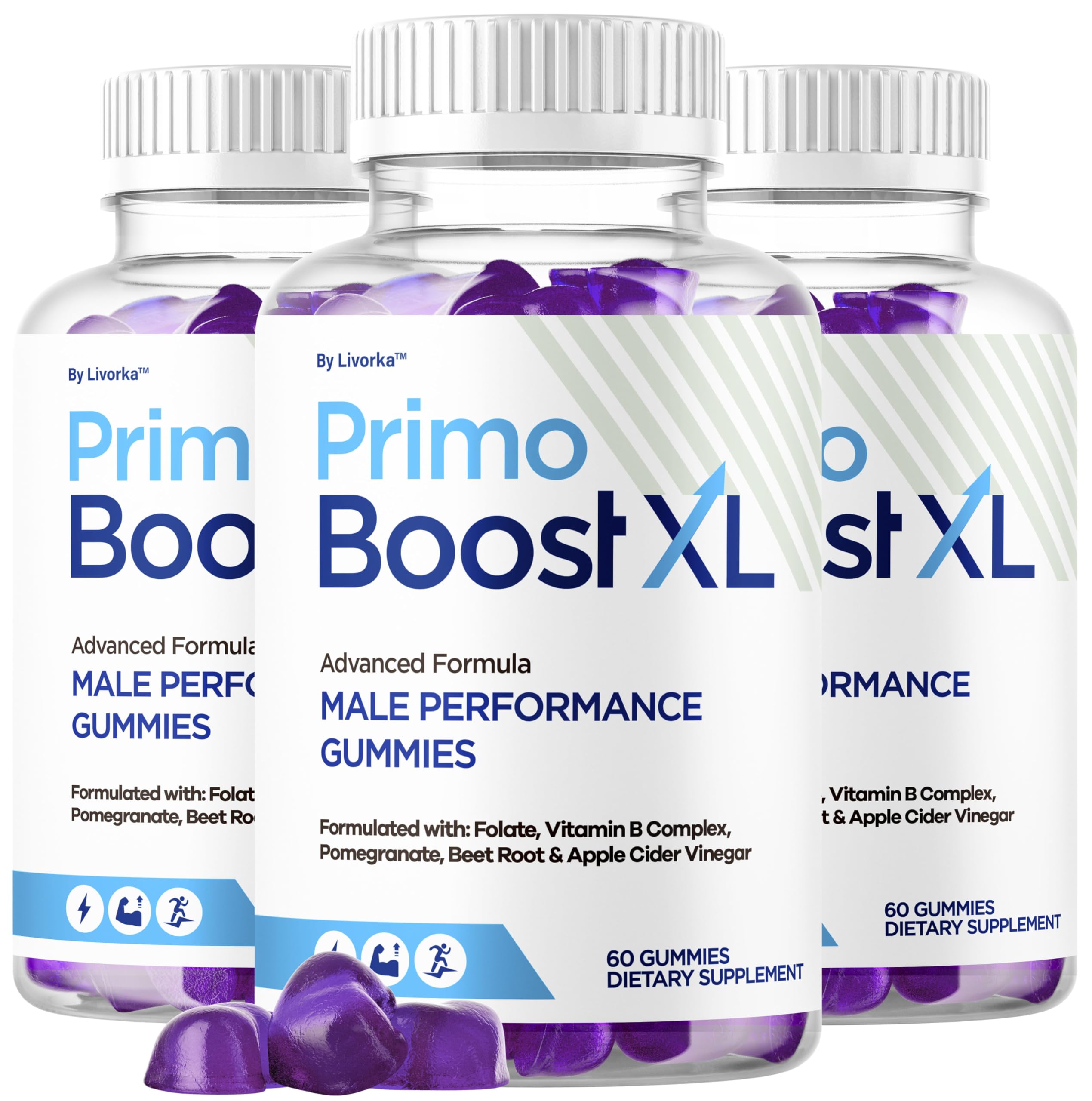 LIVORKA Primo Boost XL gummies bottle offers convenient daily energy support.
