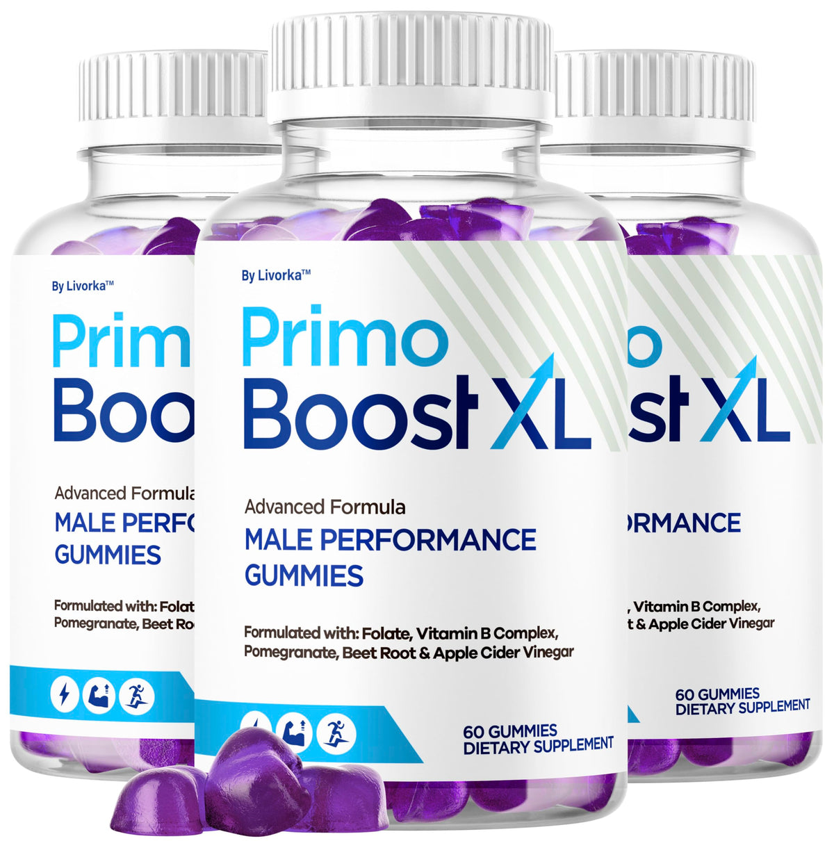 LIVORKA Primo Boost XL gummies bottle offers convenient daily energy support.
