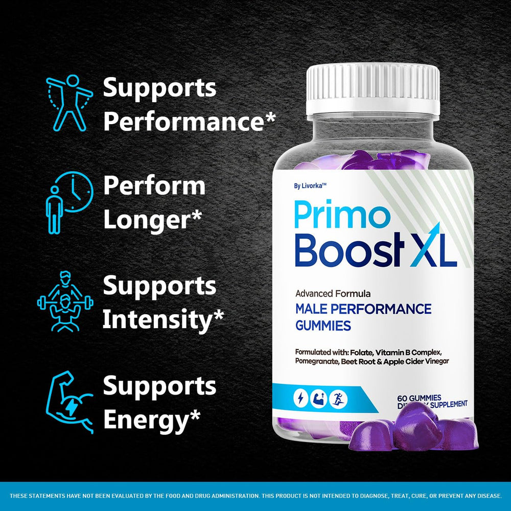 Close-up of LIVORKA Primo Boost XL gummies with natural ingredients.