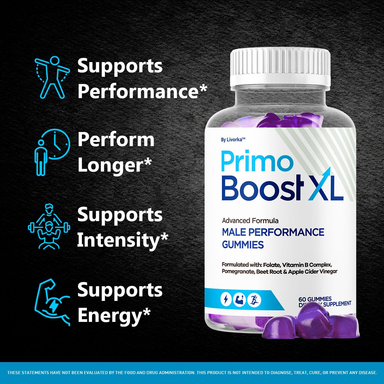 Closeup of LIVORKA Primo Boost XL gummies reveals a chewy texture.