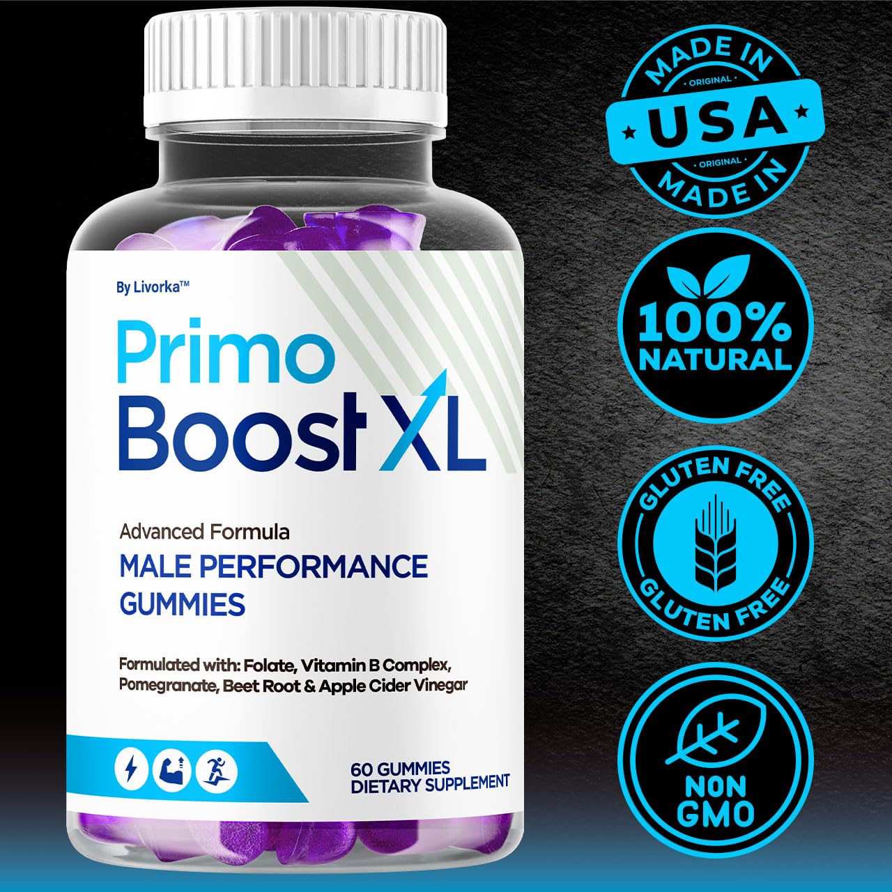 Gummies on a shelf from LIVORKA Primo Boost XL illustrate easy on-the-go access.