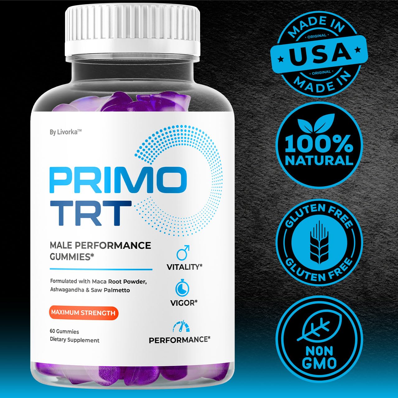 LIVORKA Primo TRT Gummies 3-pack box showing multi-month supply