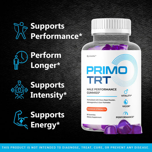 Close-up of Primo TRT Gummies highlighting tasty, easy daily intake.