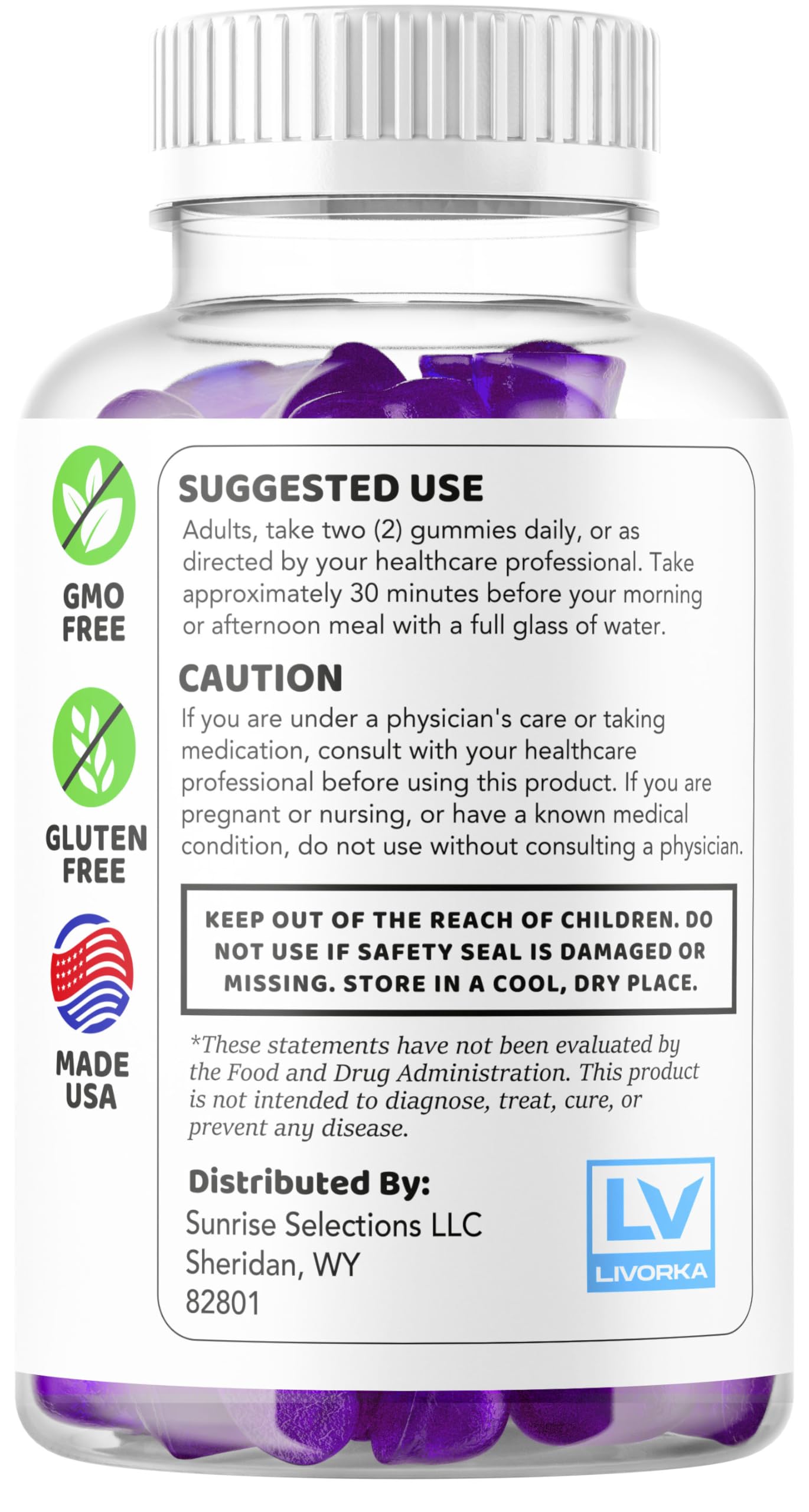 Gummies ready to take with water for an easy daily routine.