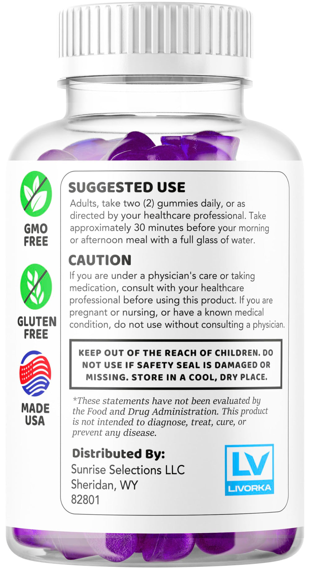 Gummies ready to take with water for an easy daily routine.