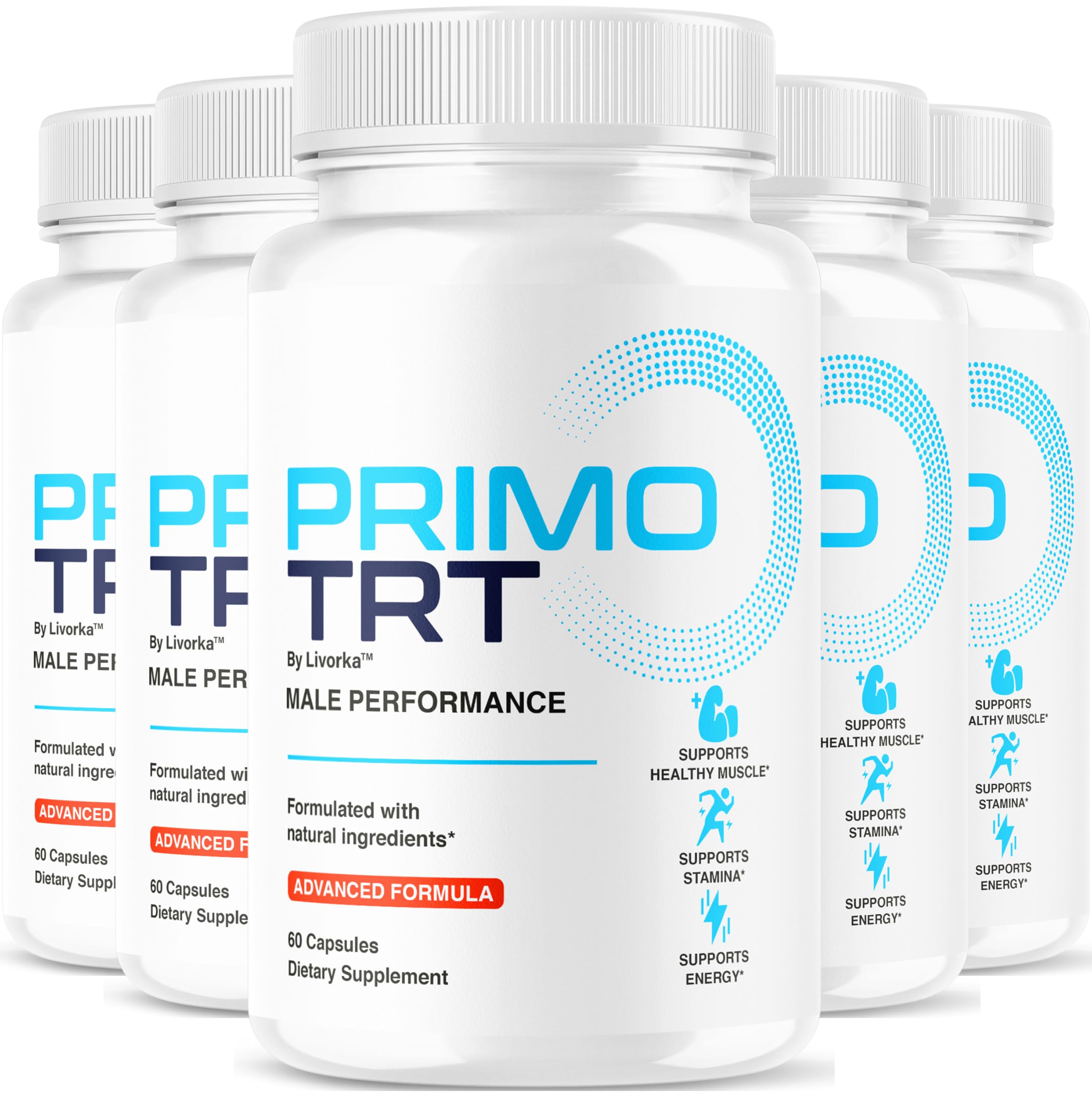 Livorka Primo TRT pills bottle front shows compact dose for daily energy