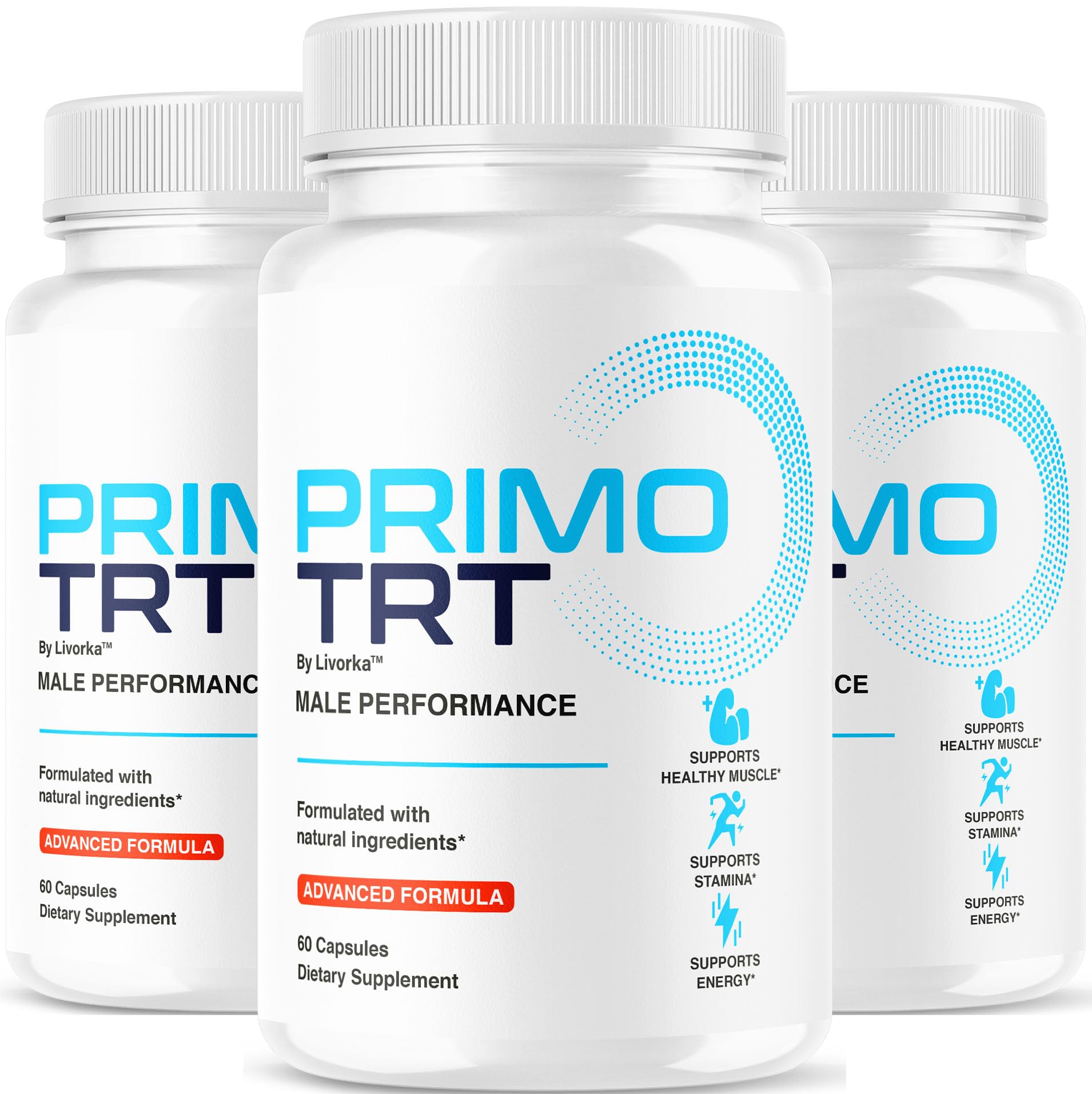 LIVORKA Primo TRT pills bottle front, daily energy support for men