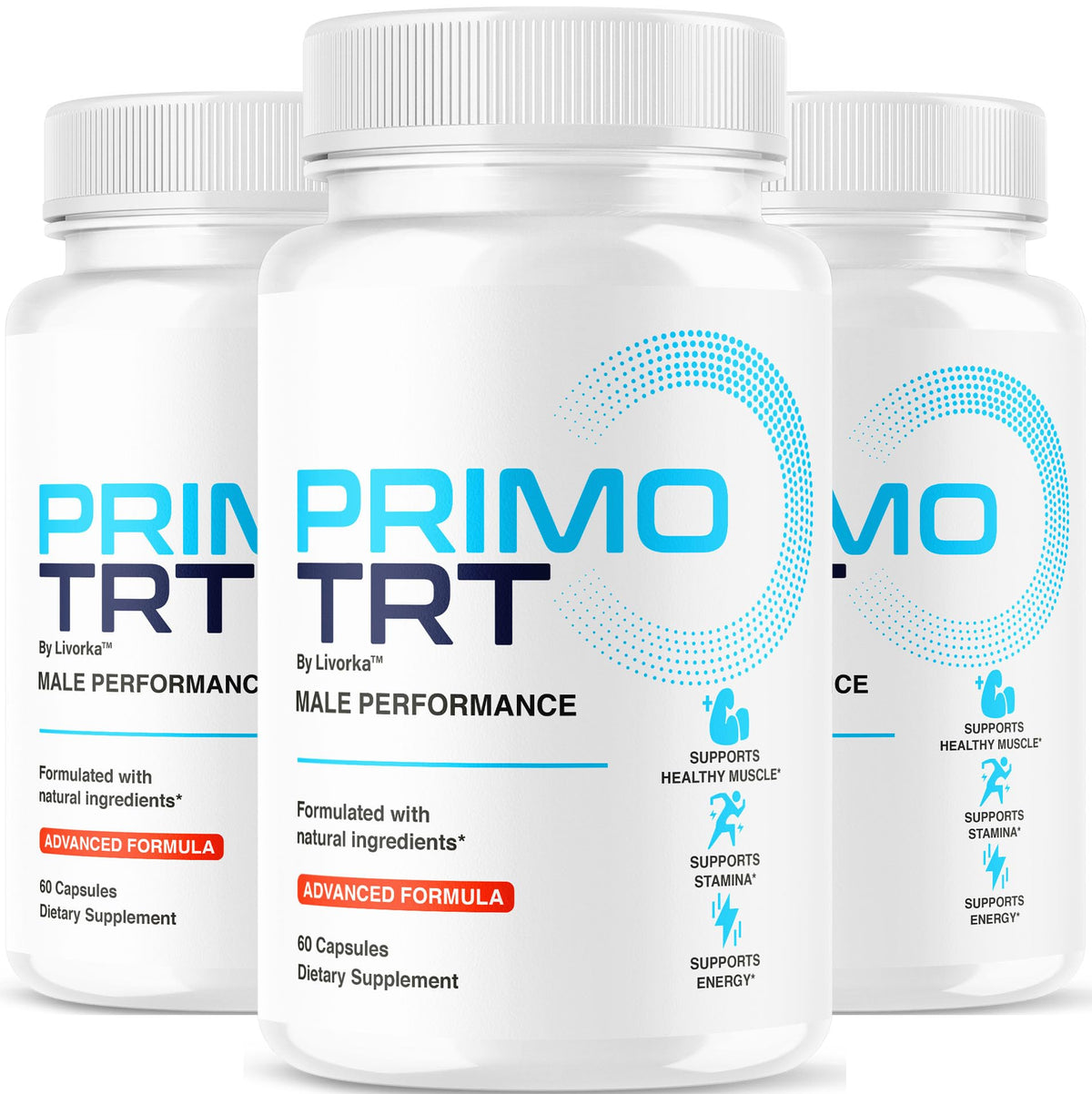 LIVORKA Primo TRT pills bottle front, daily energy support for men