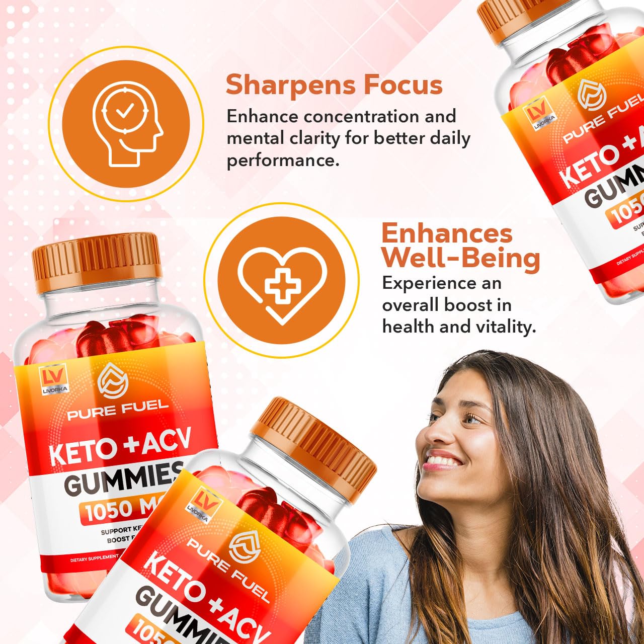 LIVORKA Pure Fuel ACV Gummies on tray, keto-friendly convenience.