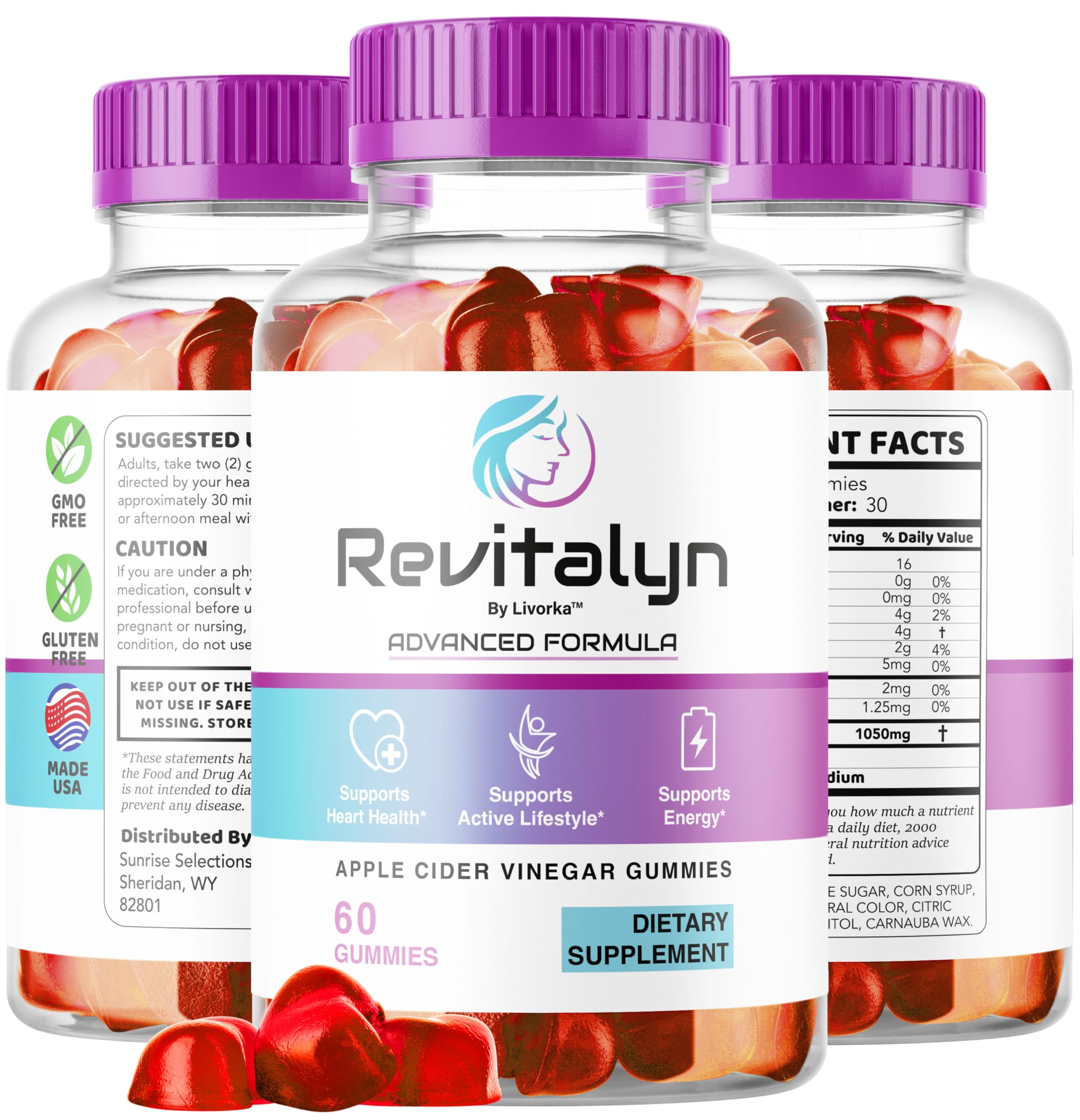 Product packaging display with 3-pack LIVORKA Revitalyn gummies glow concept