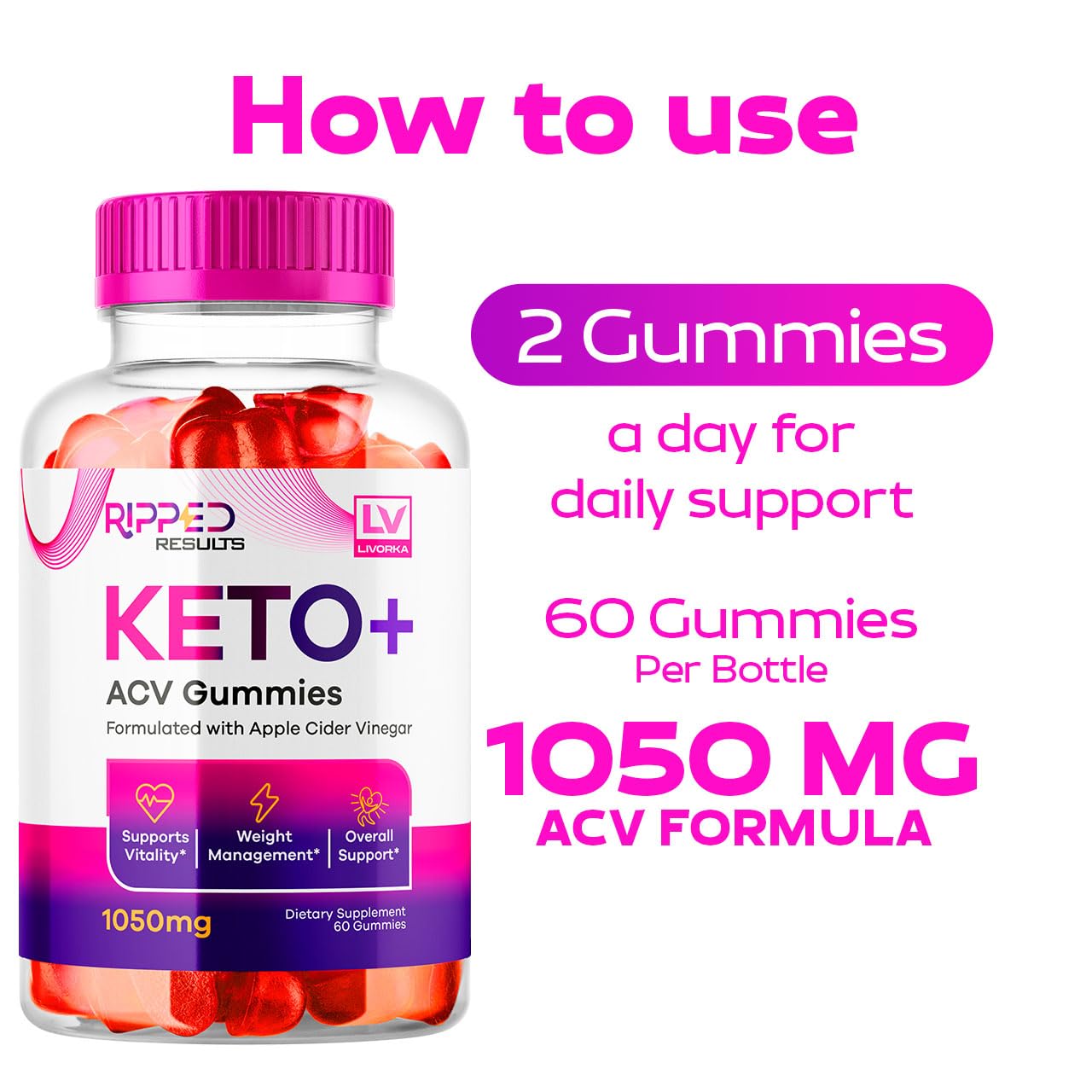 LIVORKA Ripped Results Gummies bottle on kitchen counter supports easy keto snacking.