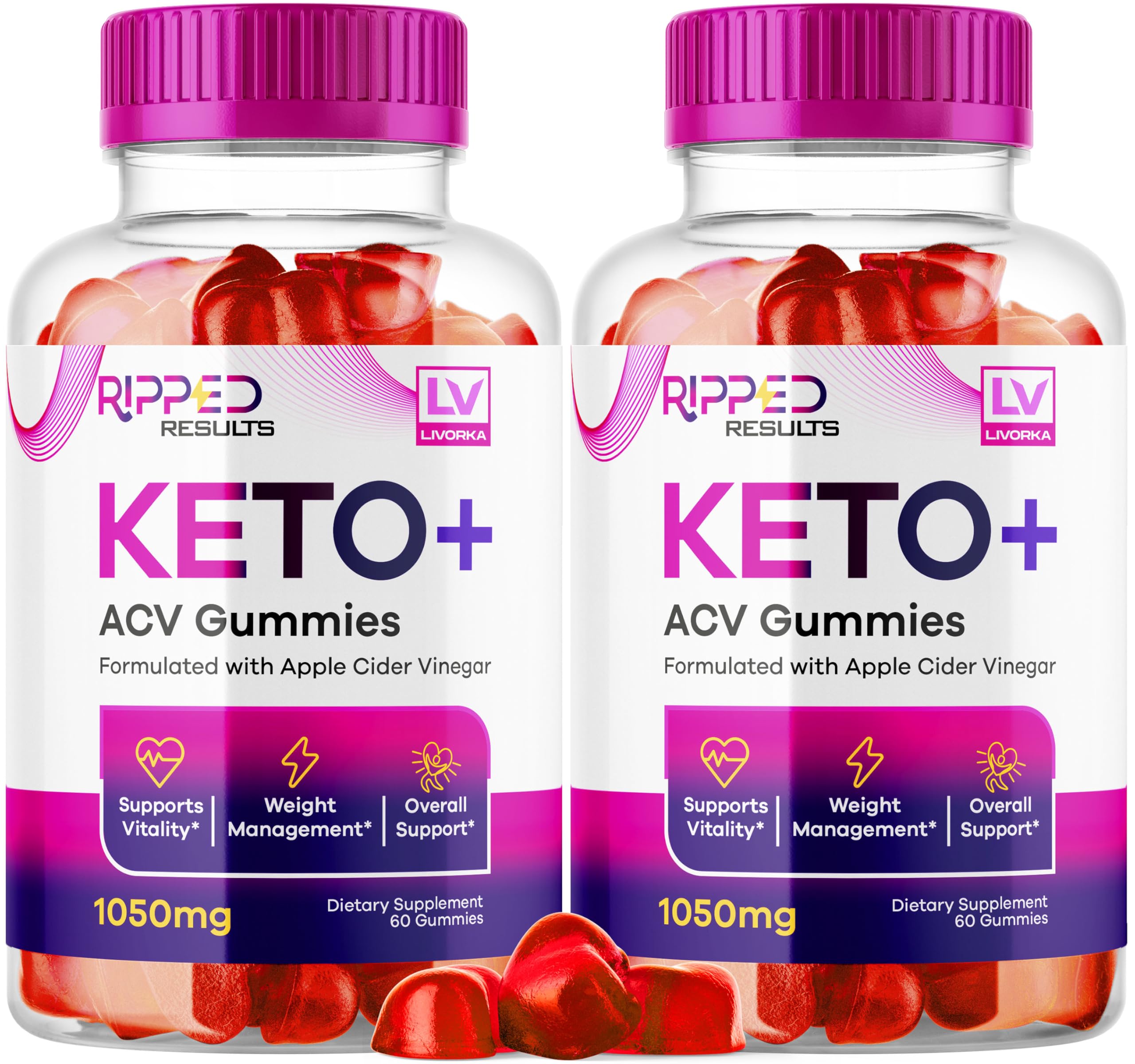 LIVORKA Ripped Results Keto Plus Gummies bottle emphasizes keto-friendly snacking and convenience.