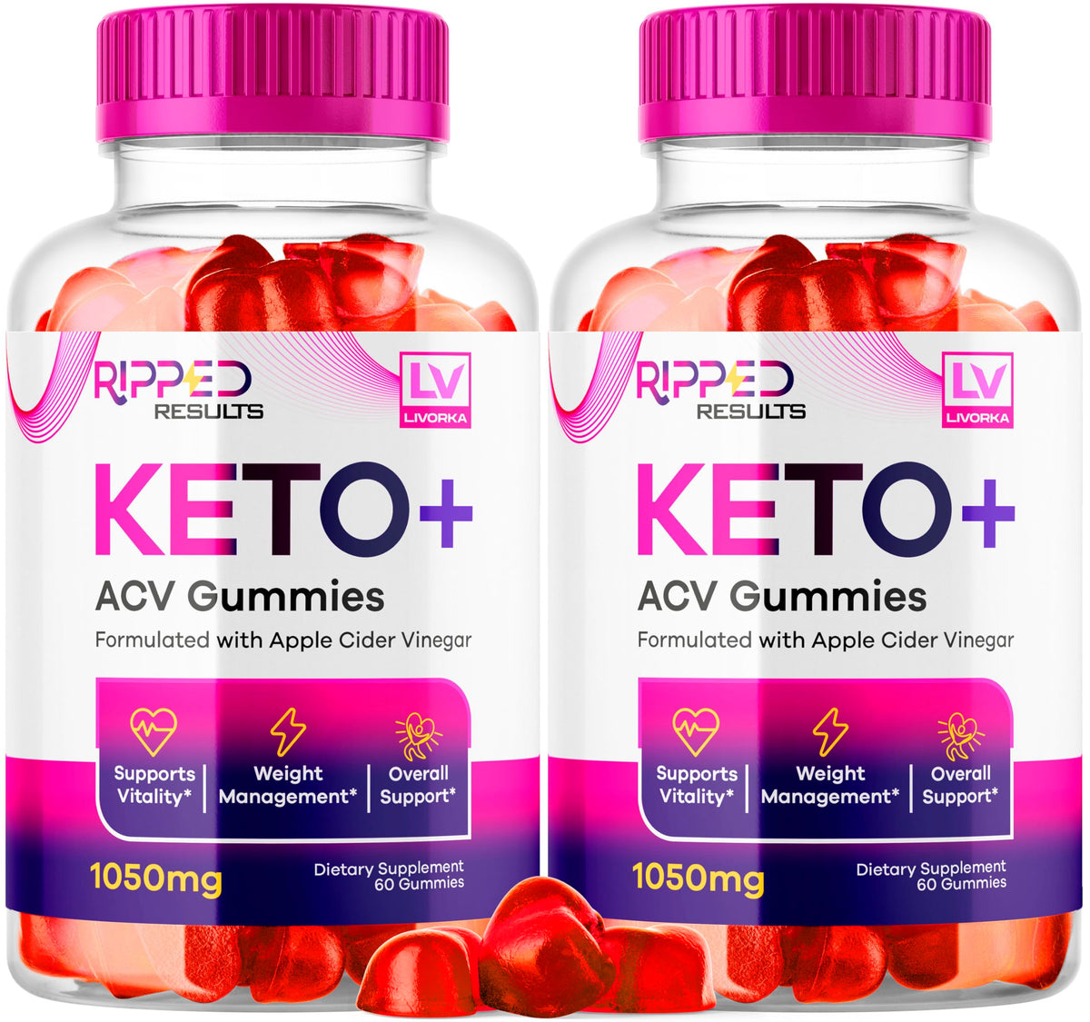 LIVORKA Ripped Results Keto Plus Gummies bottle emphasizes keto-friendly snacking and convenience.