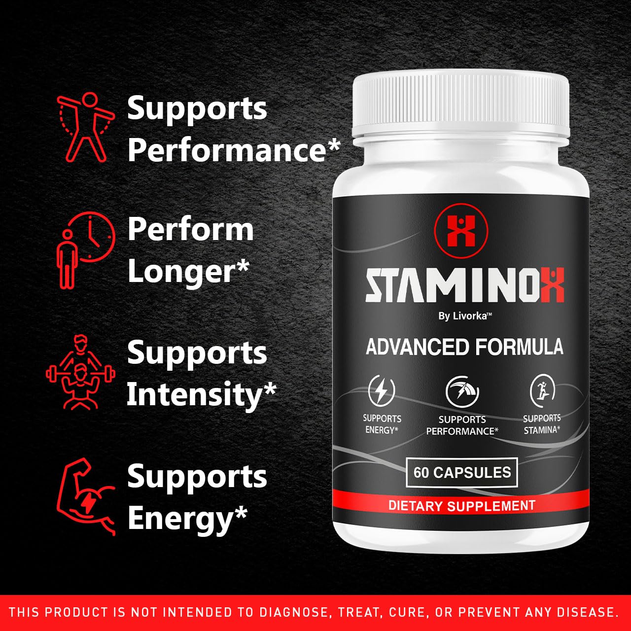Close view of LIVORKA Staminox capsules bottle showing natural formula.