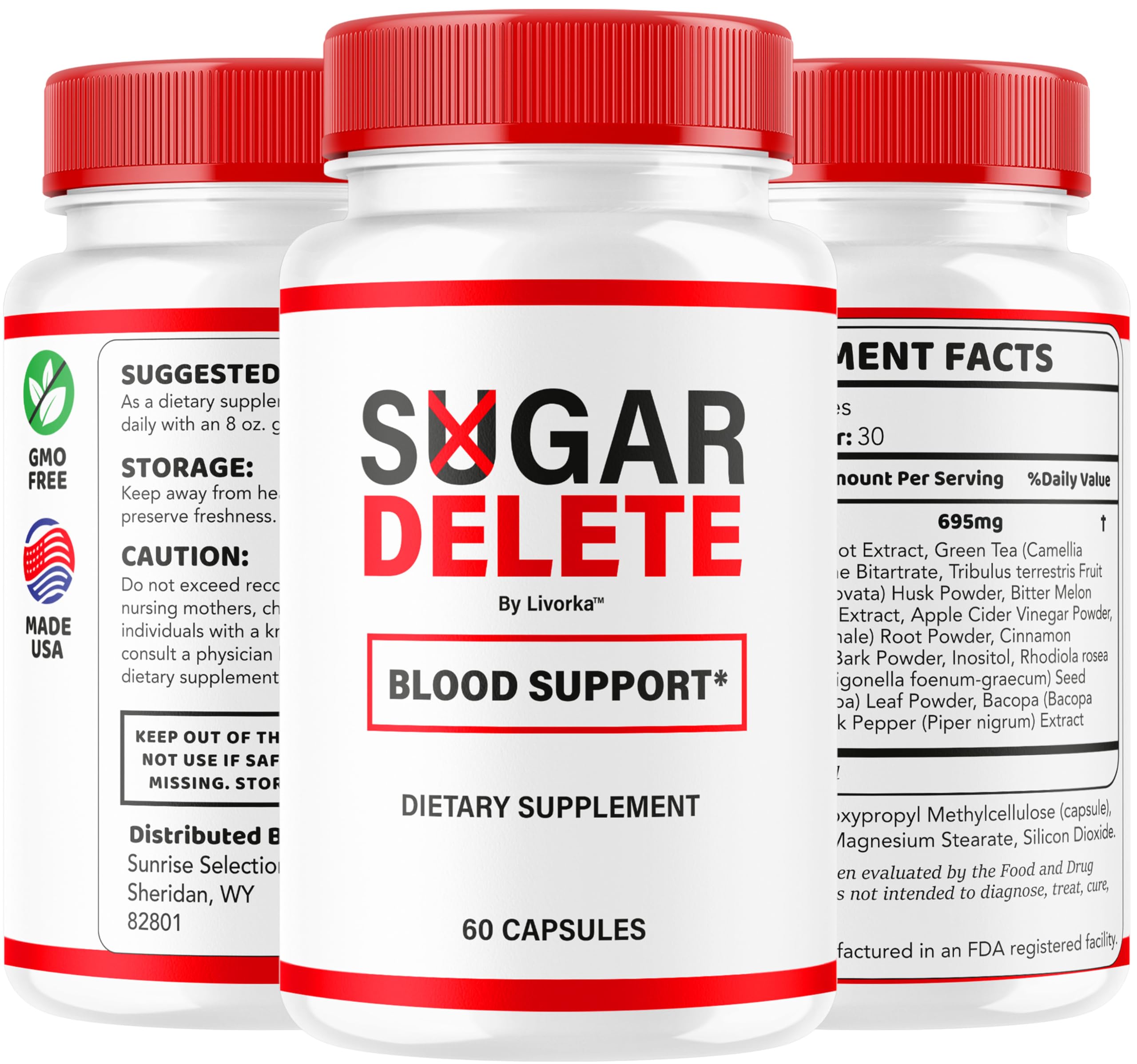 LIVORKA Sugar Delete capsules with a healthy snack suggesting daily routine.