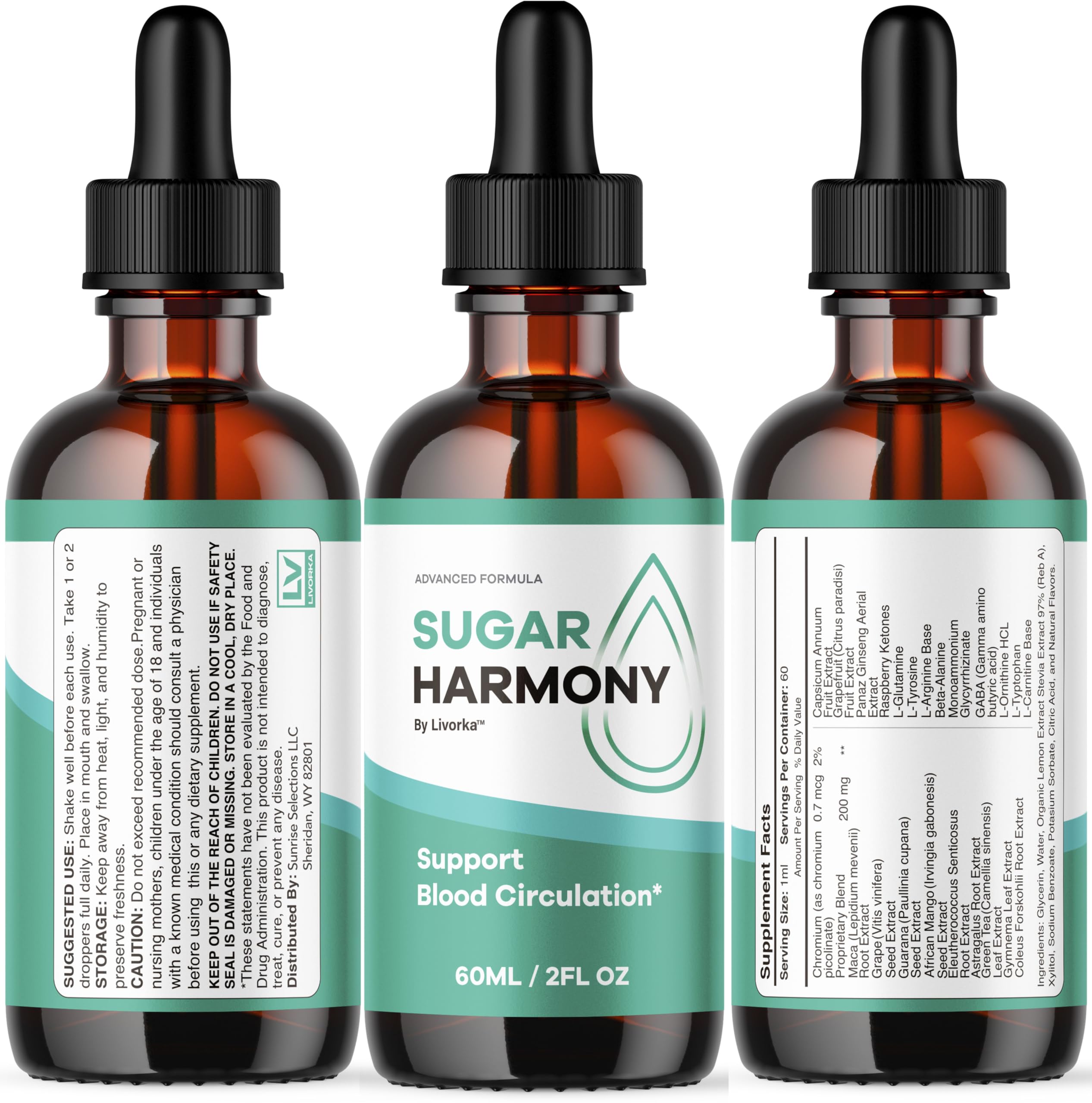 LIVORKA Sugar Harmony Drops close-up bottle with smooth liquid pour.