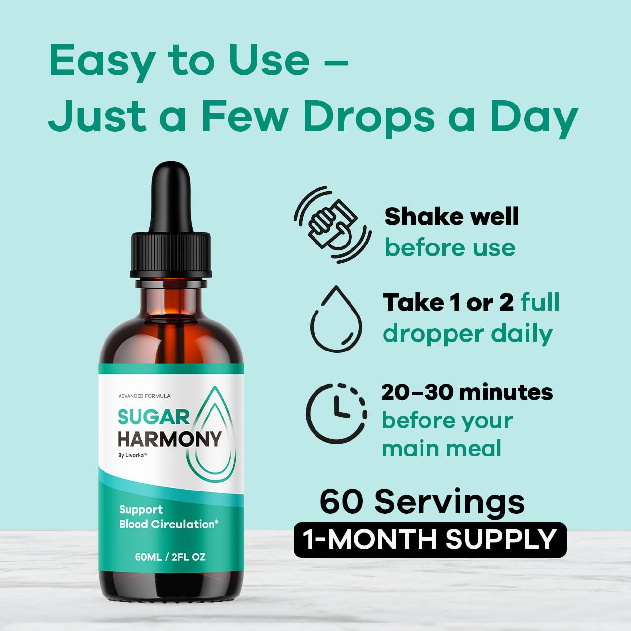 LIVORKA Sugar Harmony Drops dropper dispense action for easy dosing.