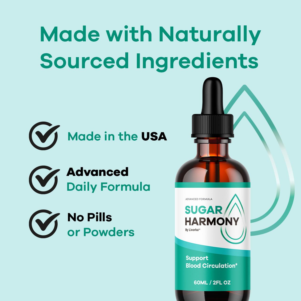 LIVORKA Sugar Harmony Drops liquid droplets close-up for daily use.