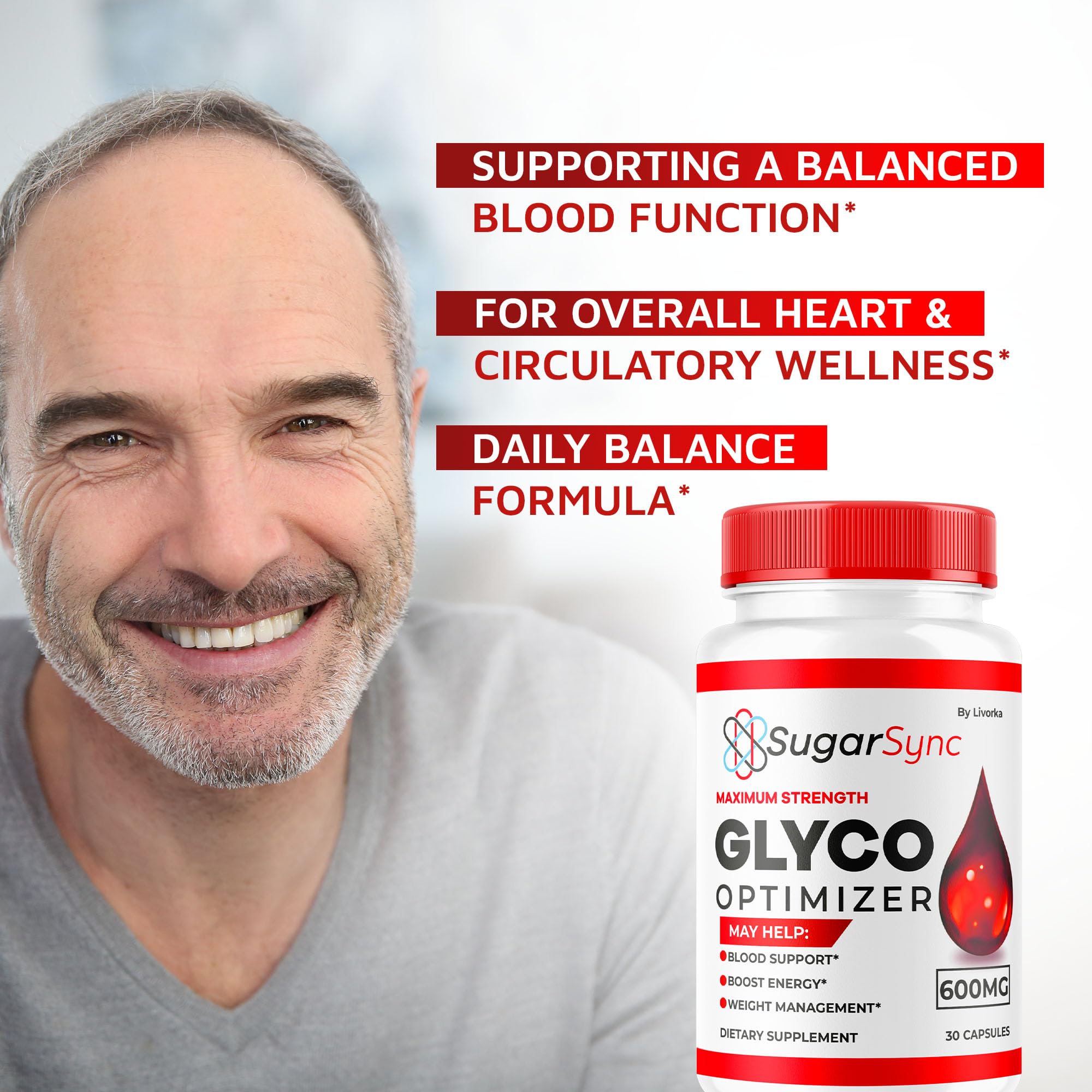 Close-up of LIVORKA Sugar Sync Glyco capsules, easy daily supplement.