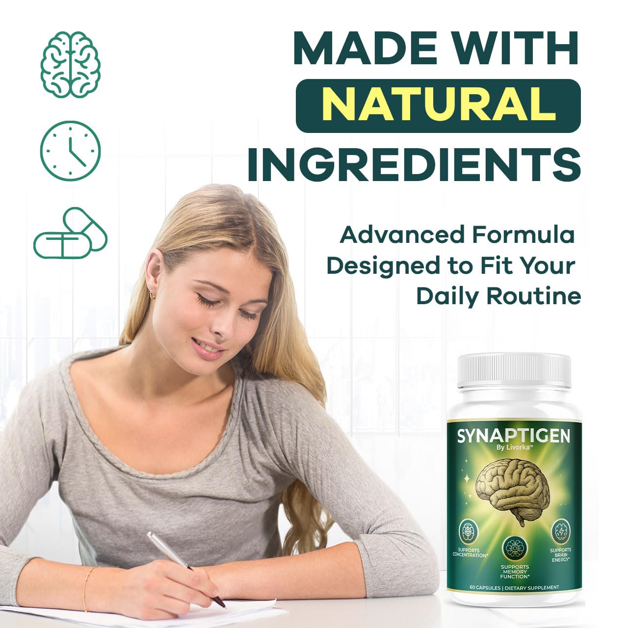 LIVORKA Synaptigen capsules two tablets shown for dosage idea