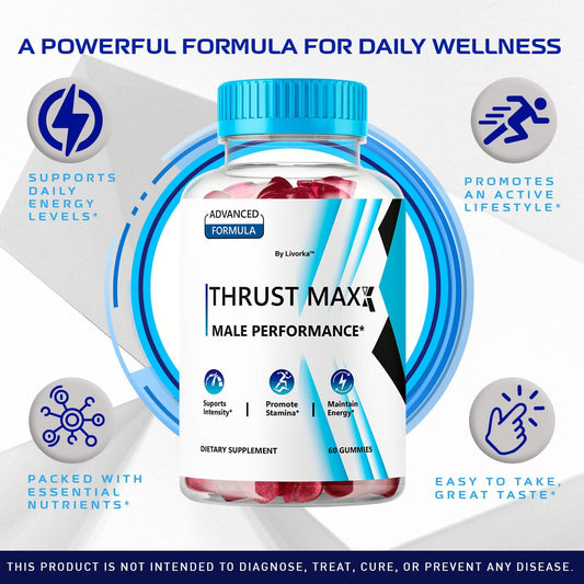 LIVORKA Thrust Maxx bottle front shows premium all-natural gummies.