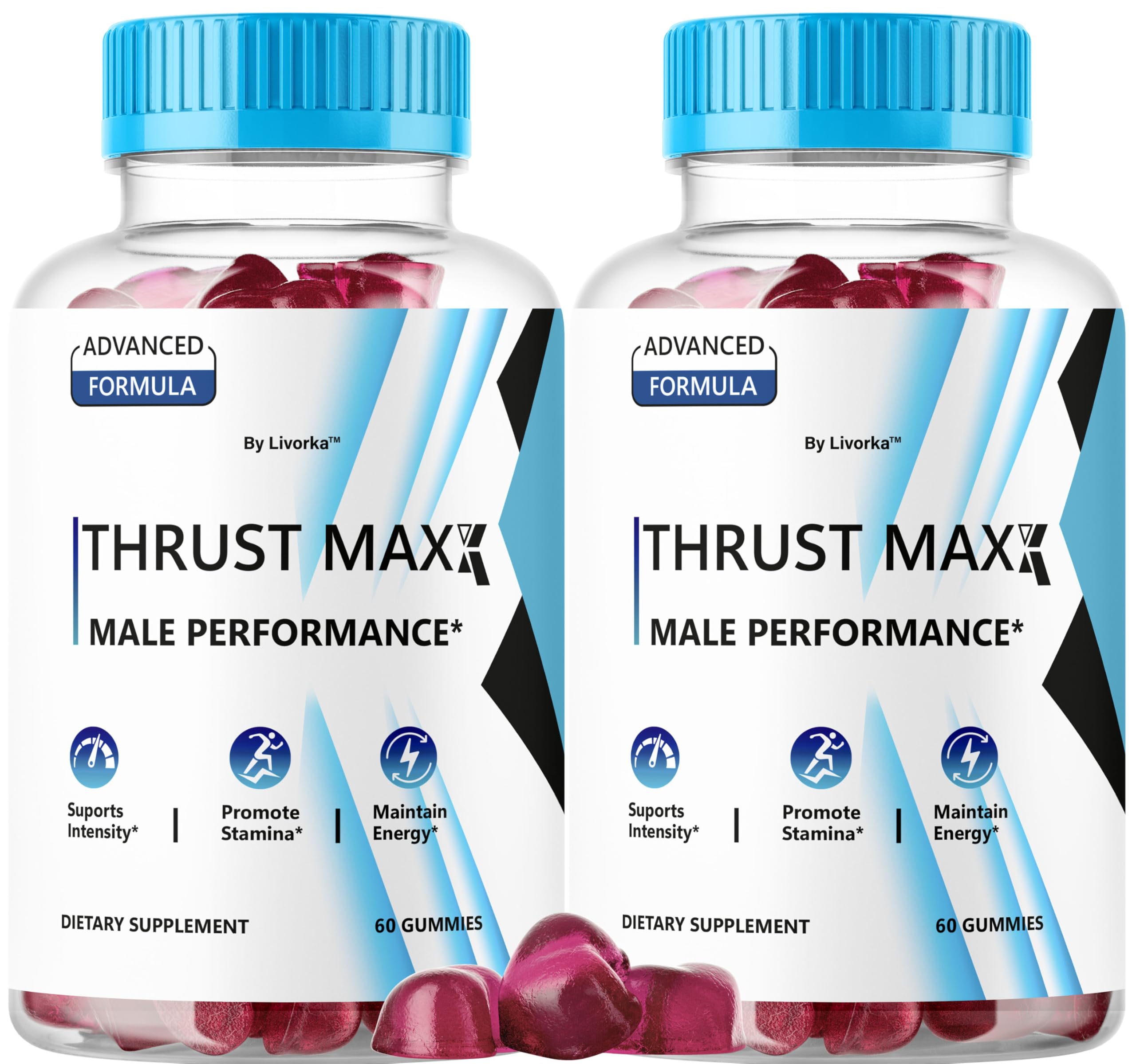 LIVORKA Thrust Maxx Gummies 2-pack on table for convenient daily energy.
