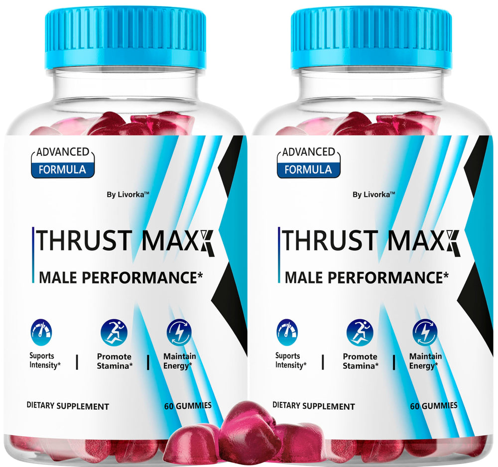 LIVORKA Thrust Maxx Gummies 2-pack on table for convenient daily energy.