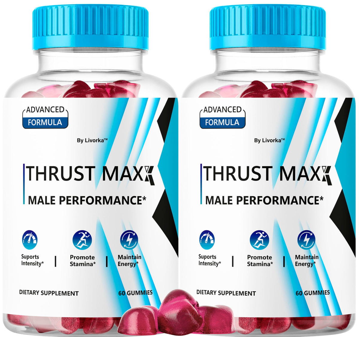 LIVORKA Thrust Maxx Gummies 2-pack on table for convenient daily energy.