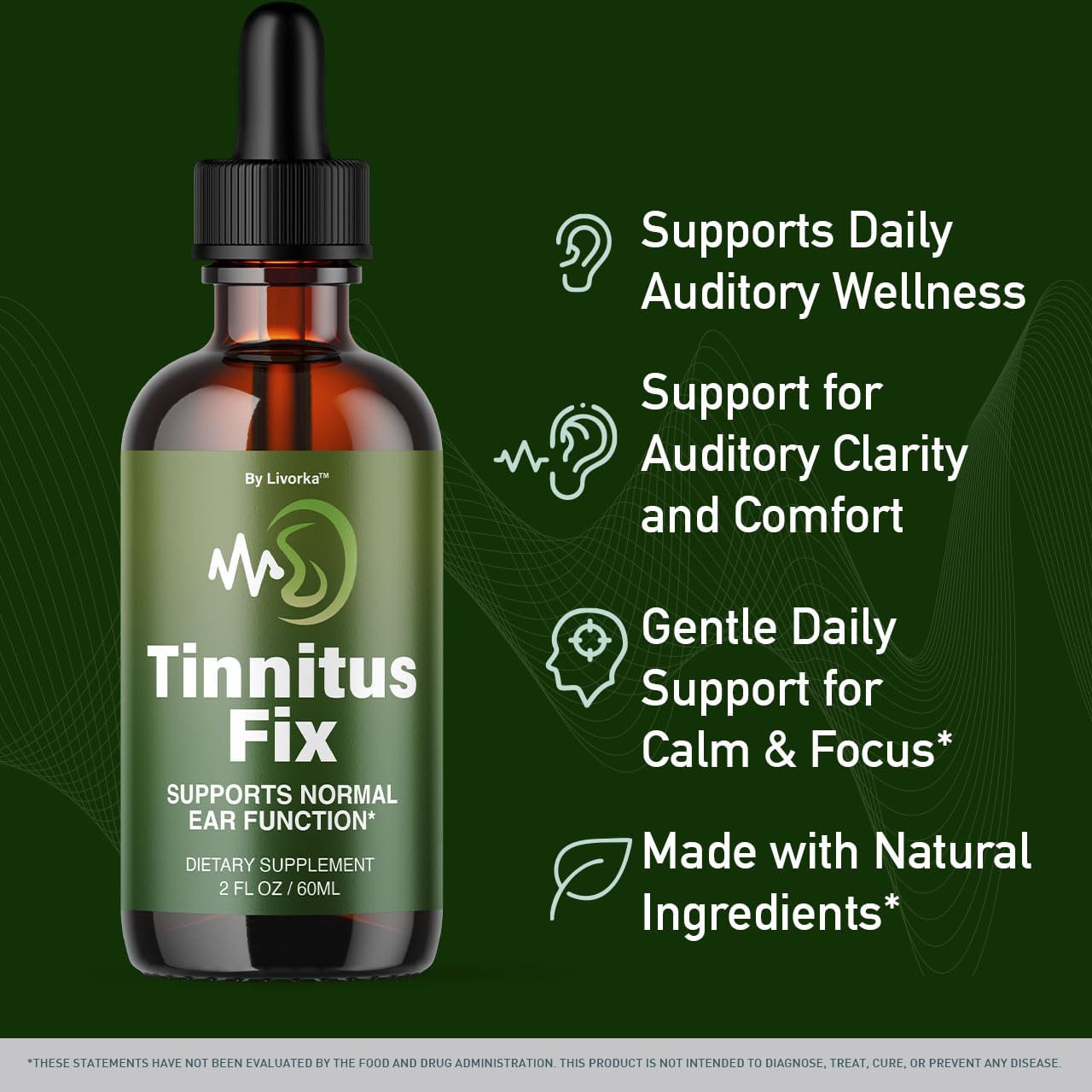 LIVORKA TinnitusFix Drops bottle-front-label highlights all-natural liquid drops for ear wellness.