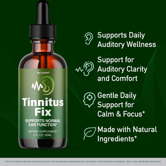 LIVORKA TinnitusFix Drops bottle-front-label highlights all-natural liquid drops for ear wellness.