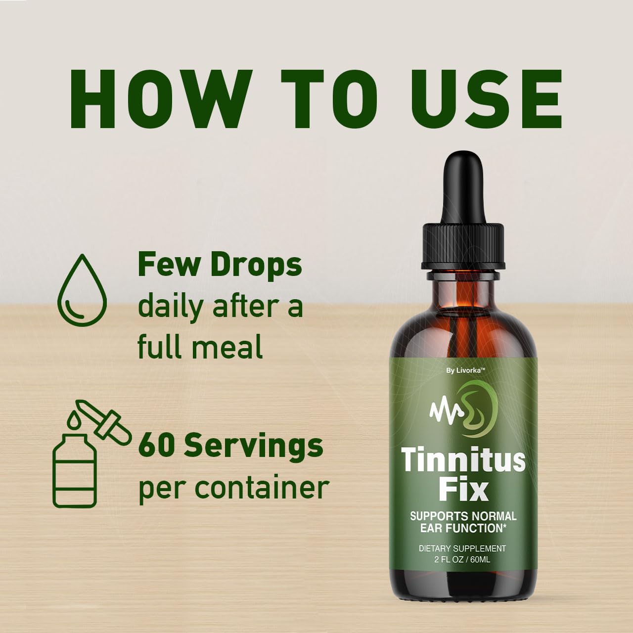 LIVORKA TinnitusFix Drops dropper-dispensing scene shows easy, accurate application.