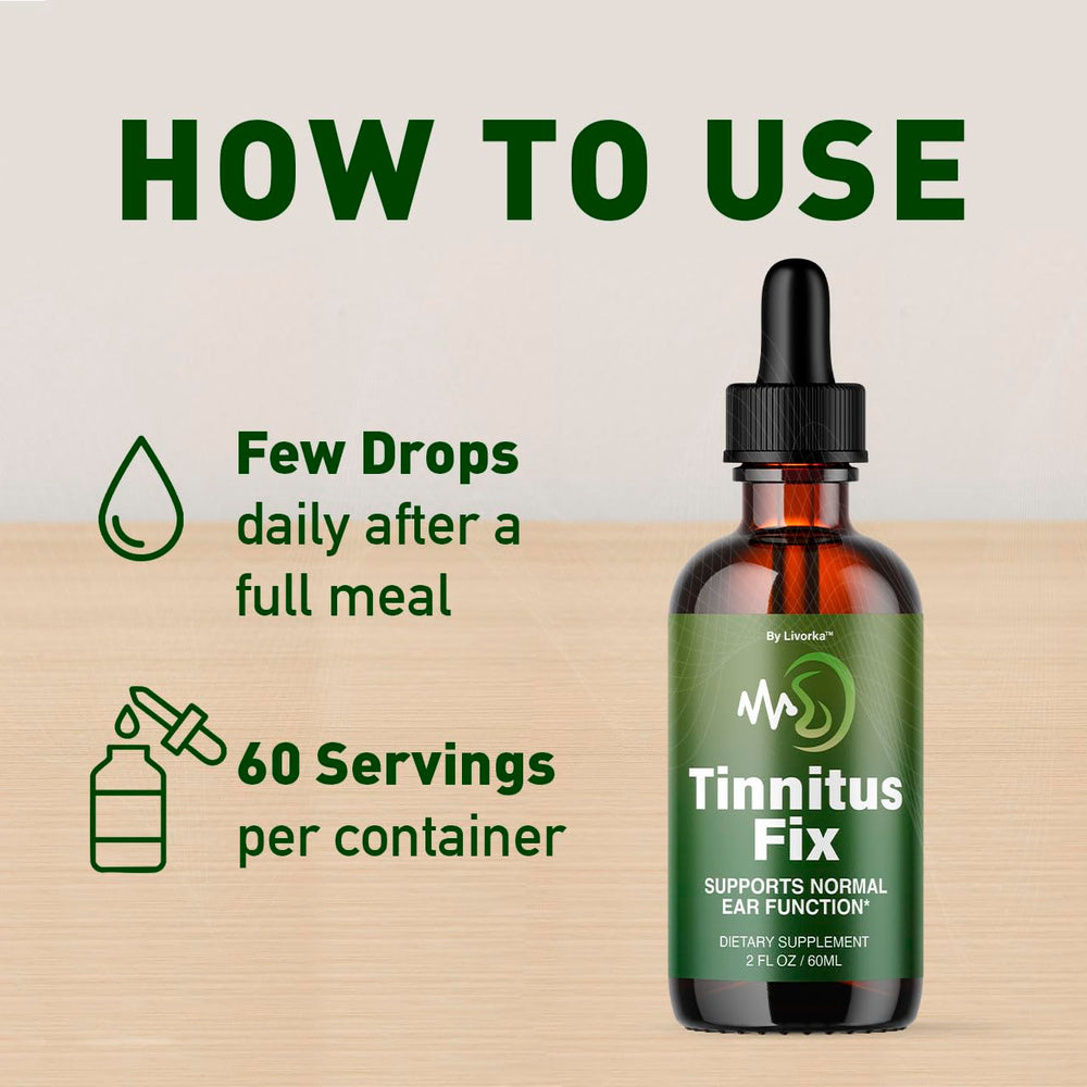 LIVORKA TinnitusFix Drops dropper-dispensing scene shows easy, accurate application.