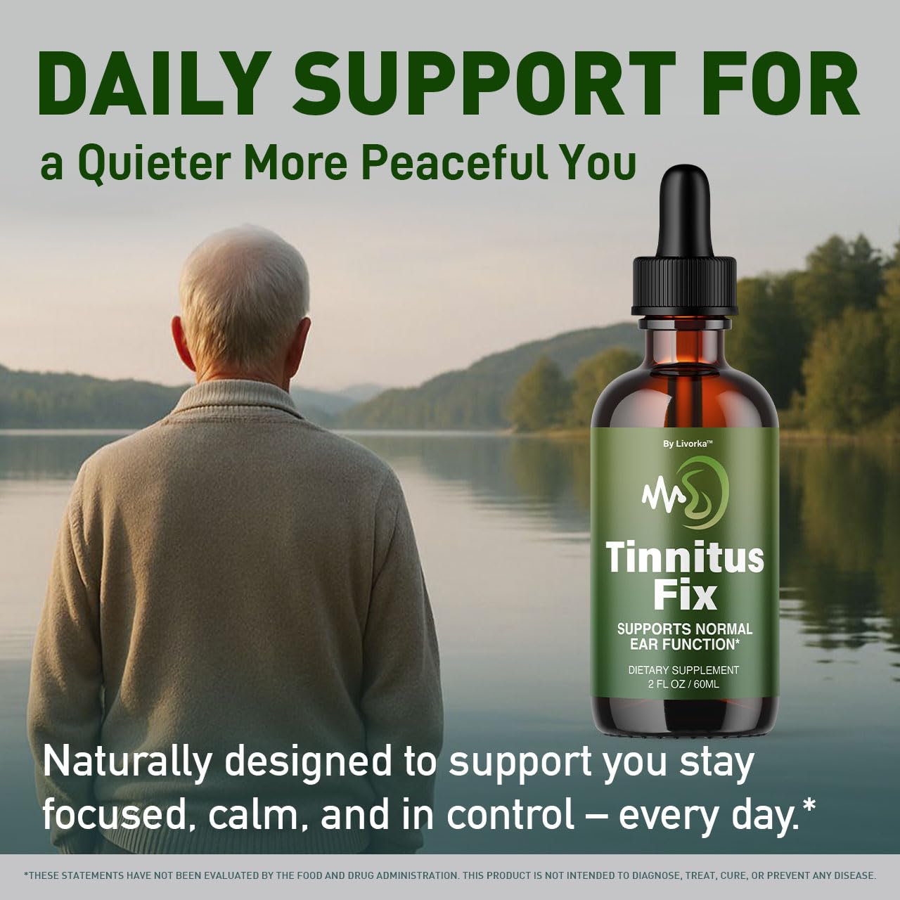 LIVORKA TinnitusFix Drops natural-packaging signals an all-natural approach.