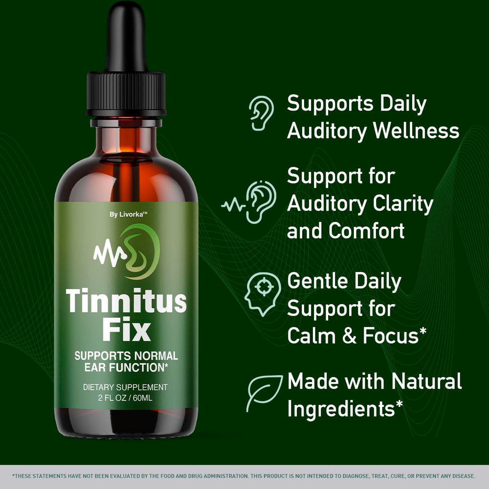 LIVORKA TinnitusFix Drops packaging highlights a natural ear wellness option.