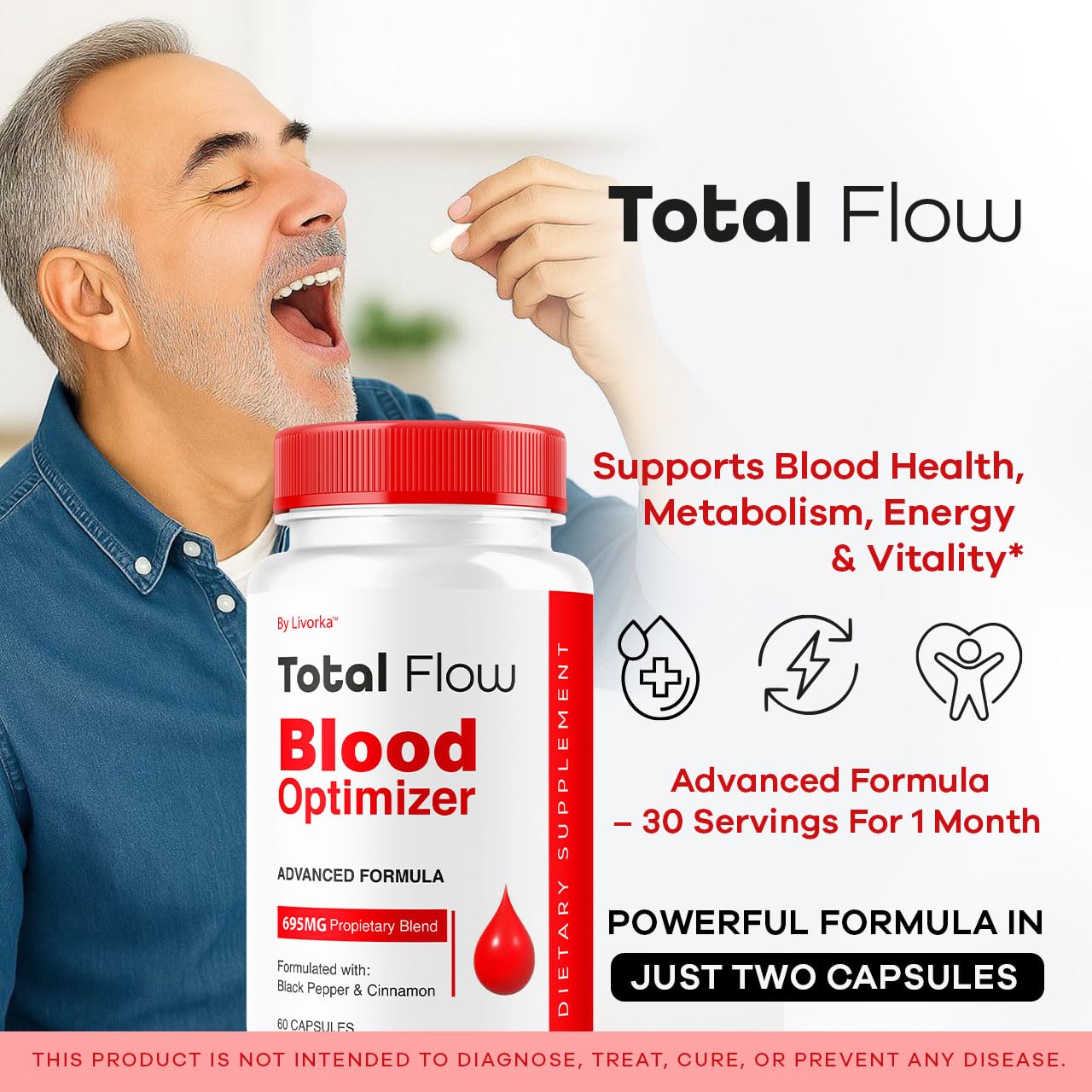 LIVORKA Total Flow bottle-front highlights convenient capsules for ongoing use.