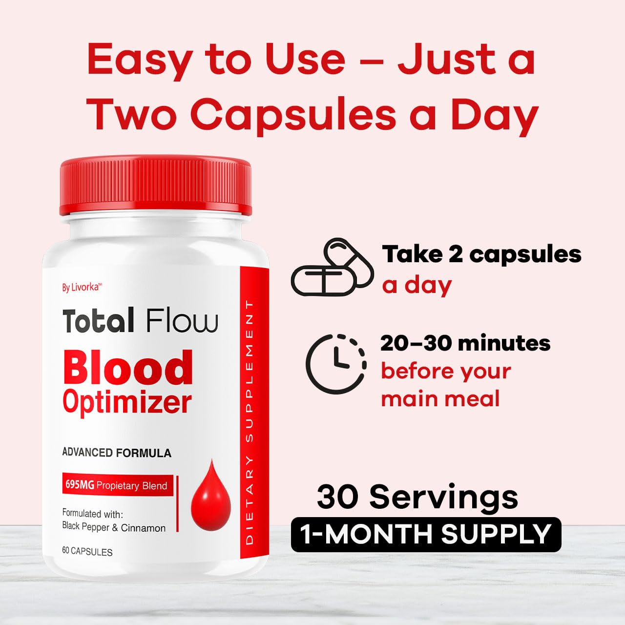 LIVORKA Total Flow ingredients panel displays a natural multivitamin blend.