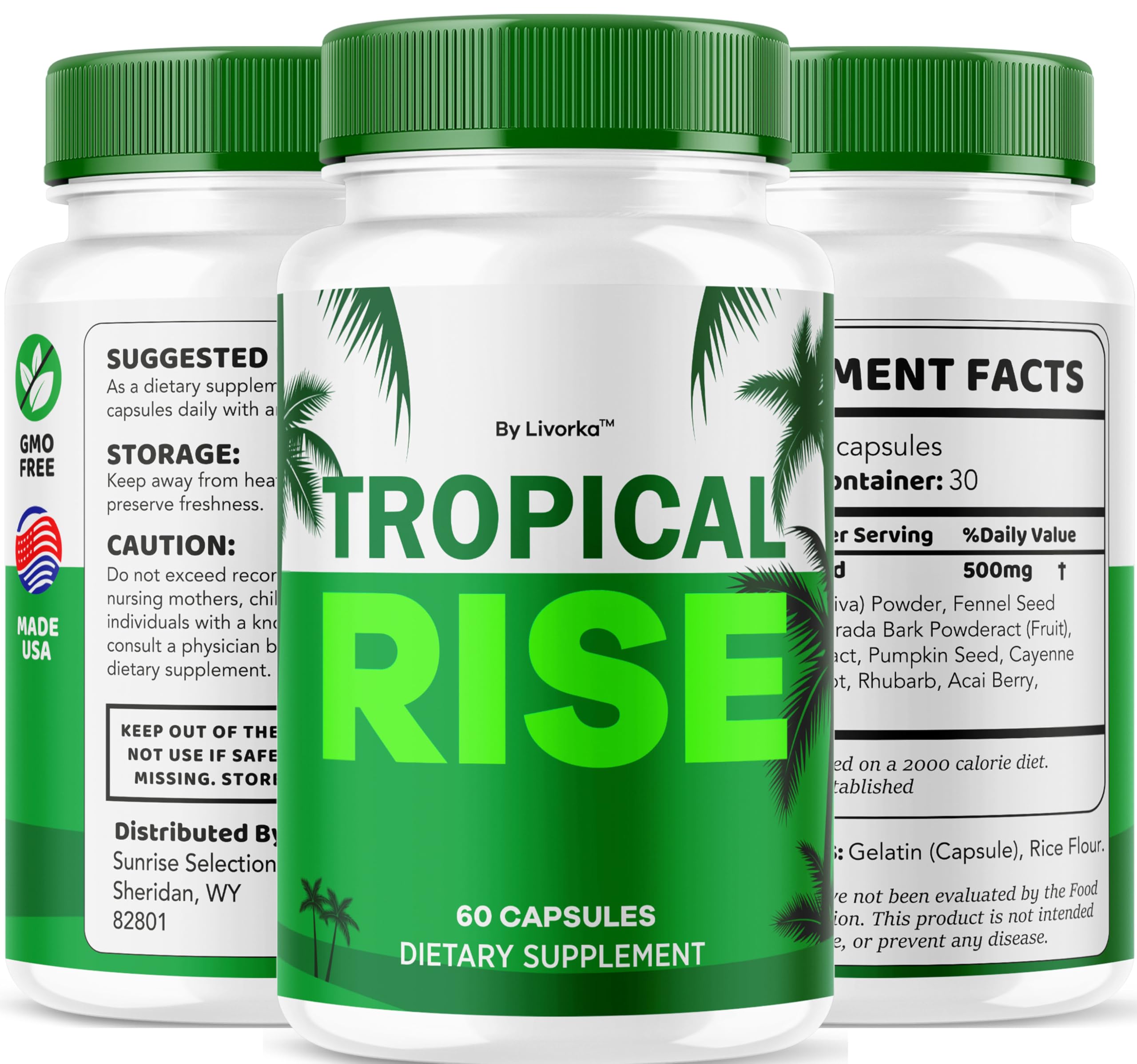 Box and bottle of LIVORKA Tropical Rise displayed on a shelf for daily wellness