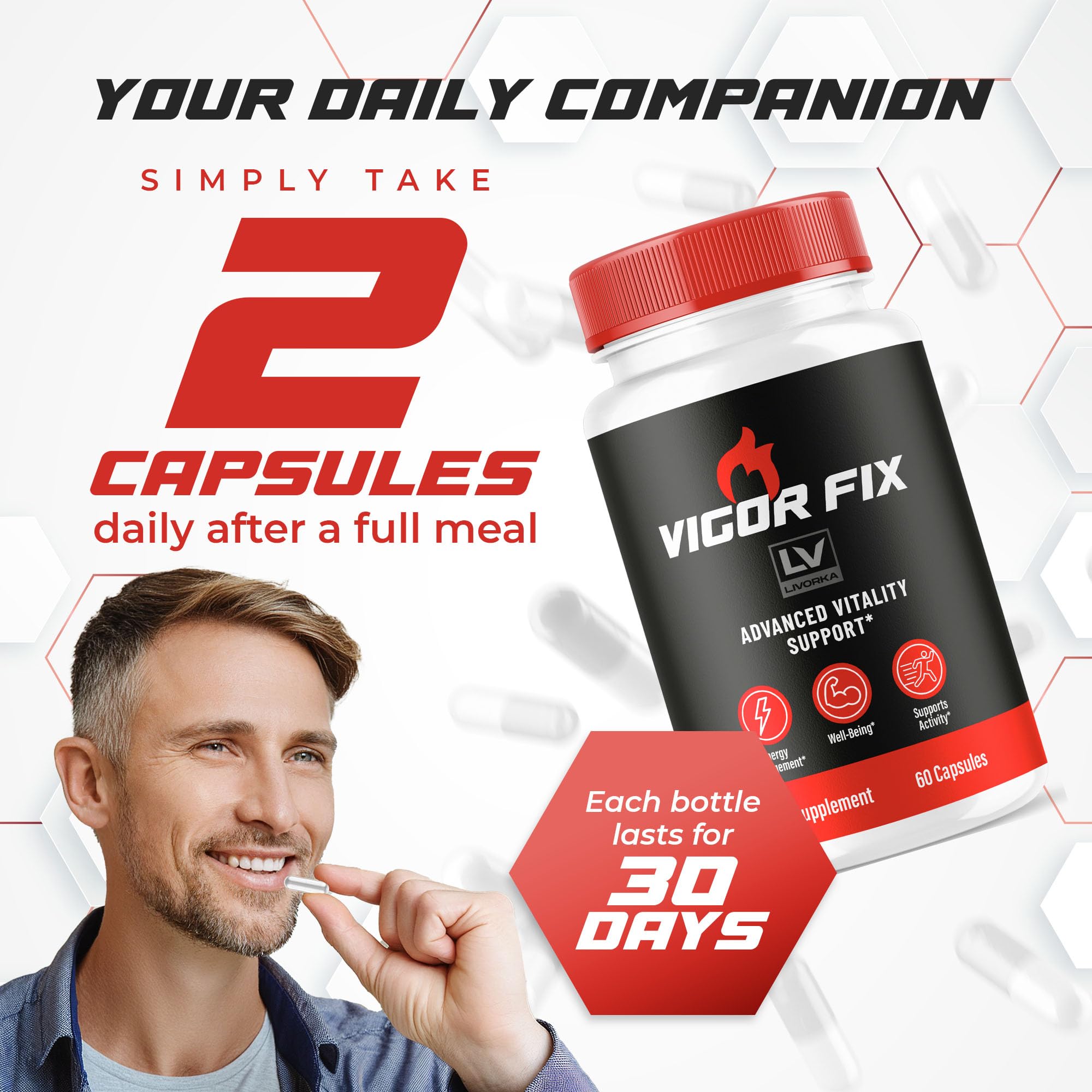 LIVORKA Vigor Fix pills closeup shows smooth capsules for everyday use.